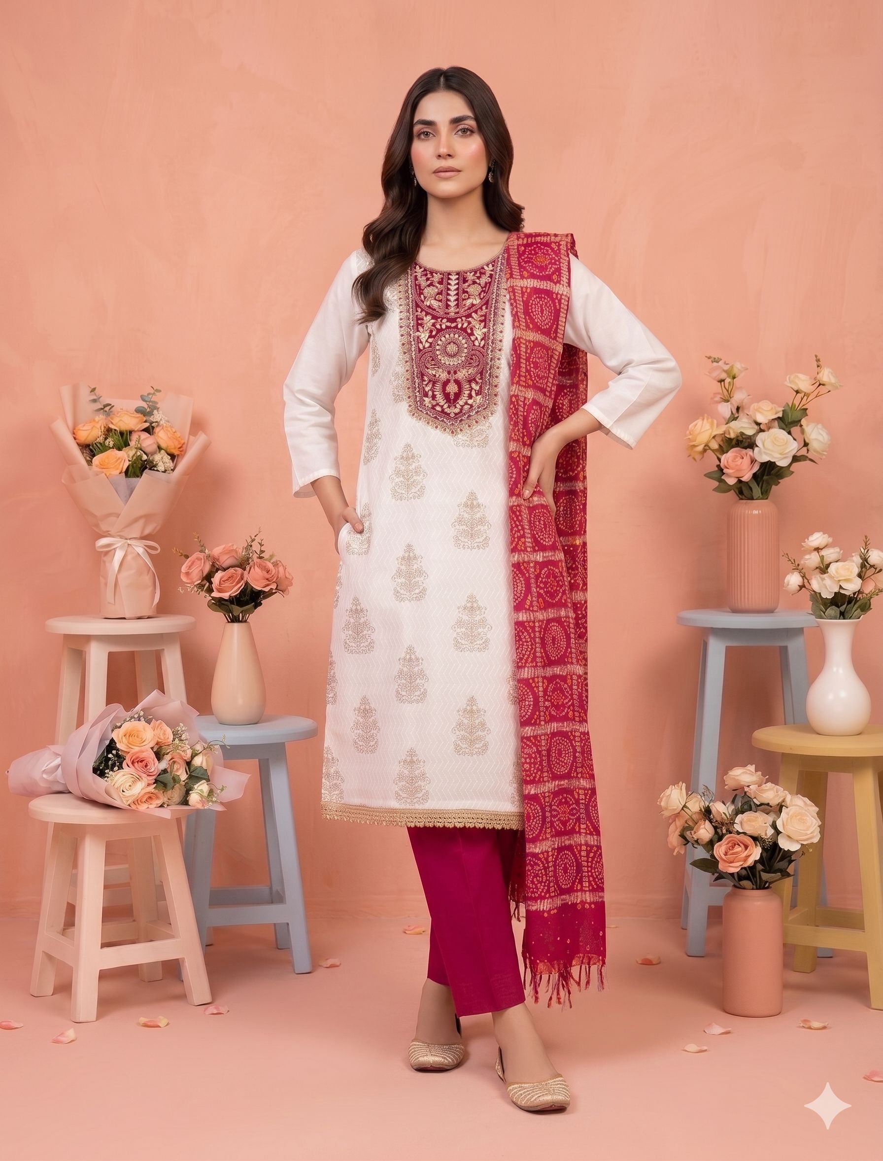 Off White Pink Printed Rayon Salwar Suit