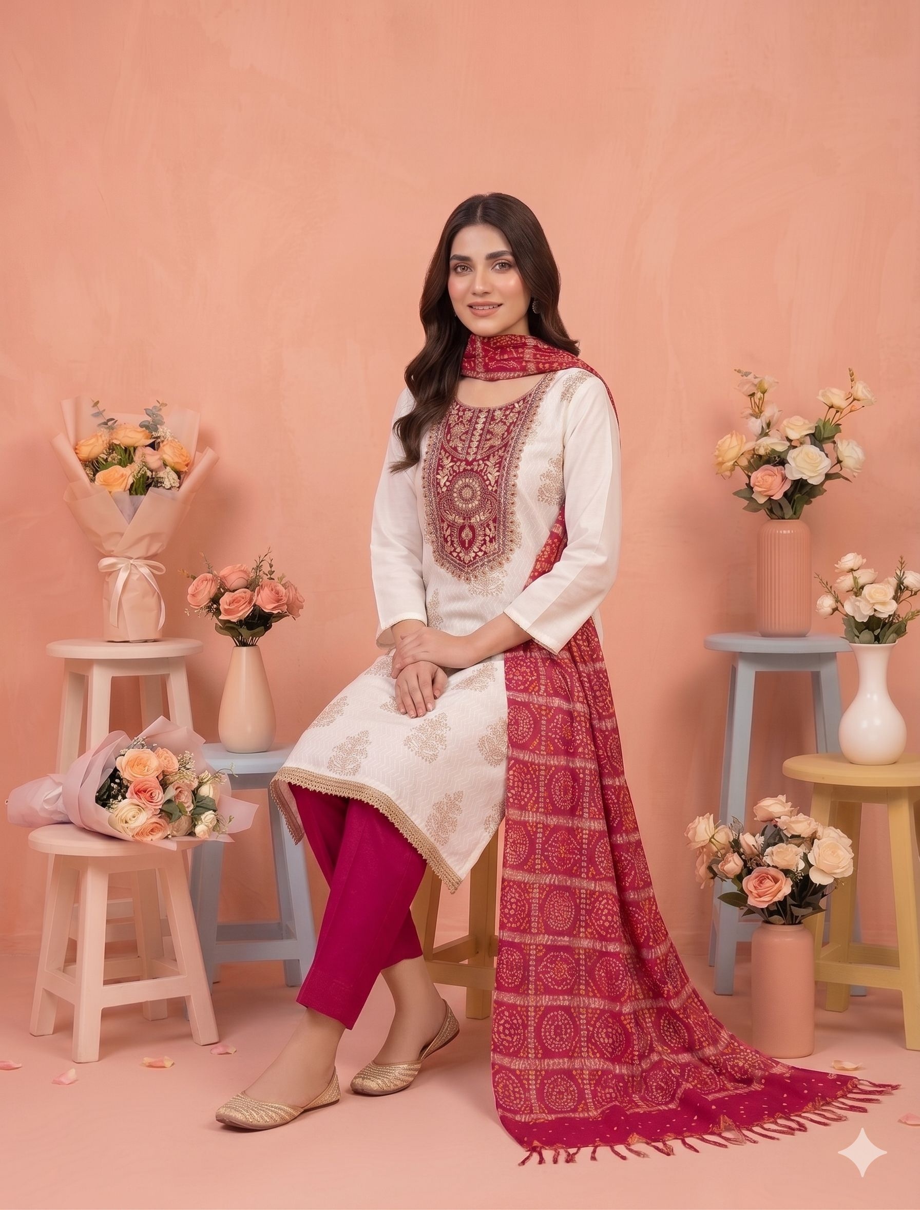 Off White Pink Printed Rayon Salwar Suit — alternate view