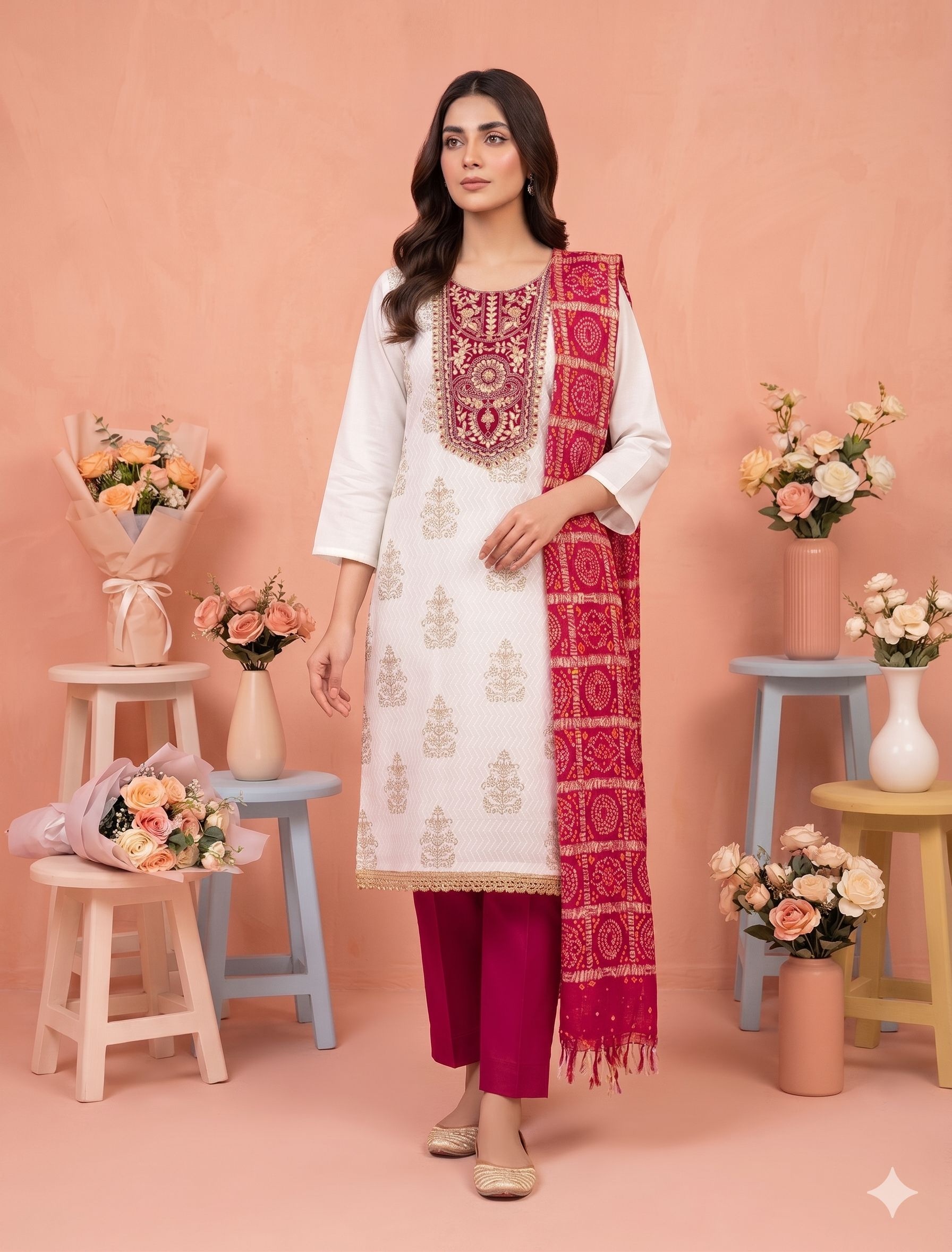 Off White Pink Printed Rayon Salwar Suit