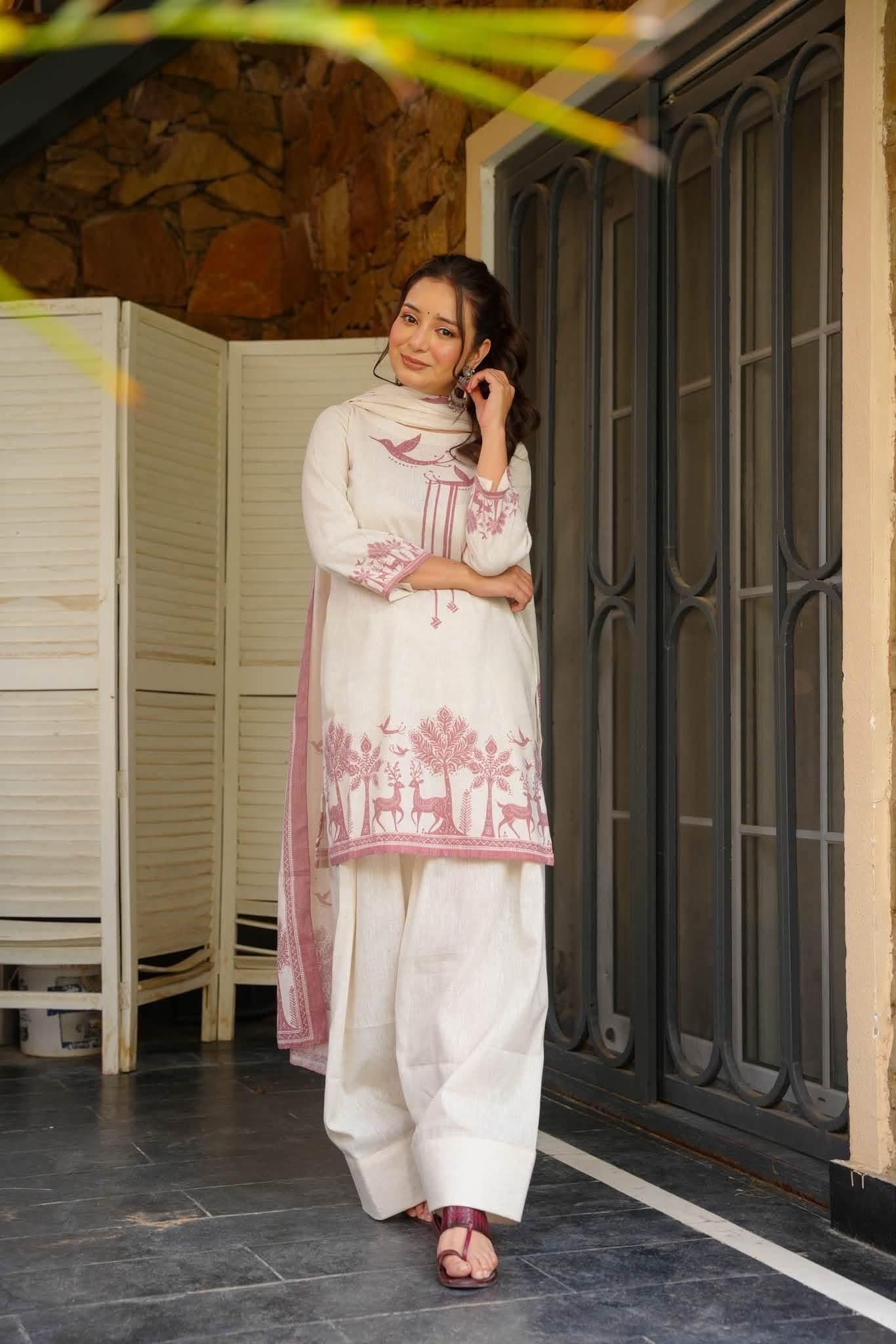 Off White Printed Khadi Cotton Palazzo Suit
