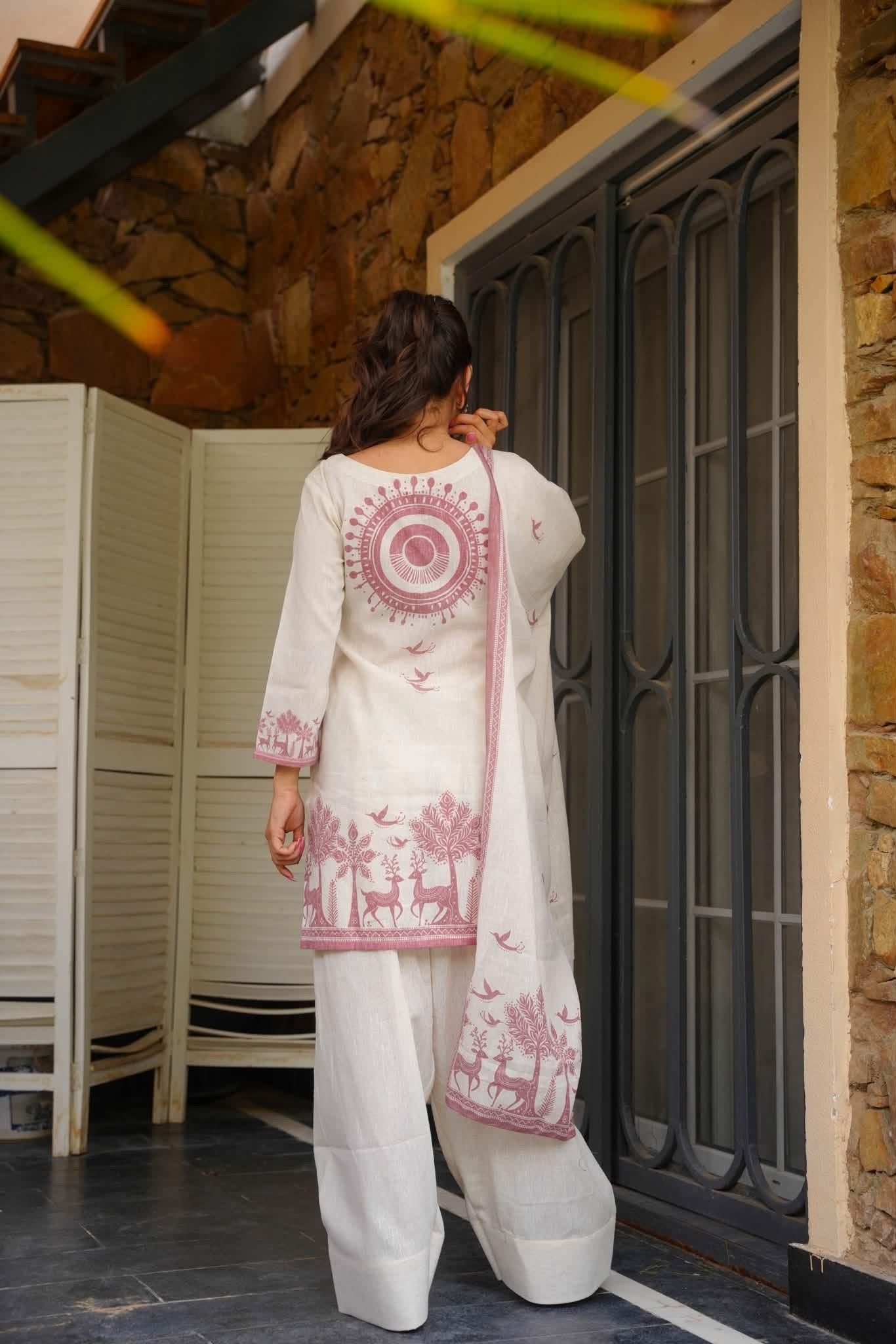 Off White Printed Khadi Cotton Palazzo Suit — alternate view