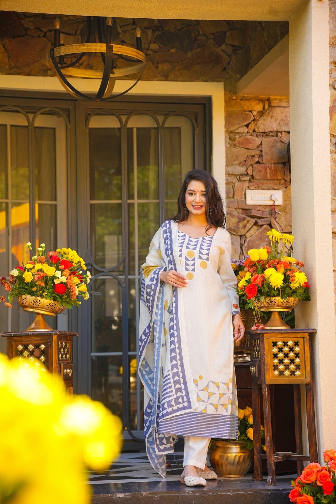Off White Printed Muslin Straight Salwar Suit