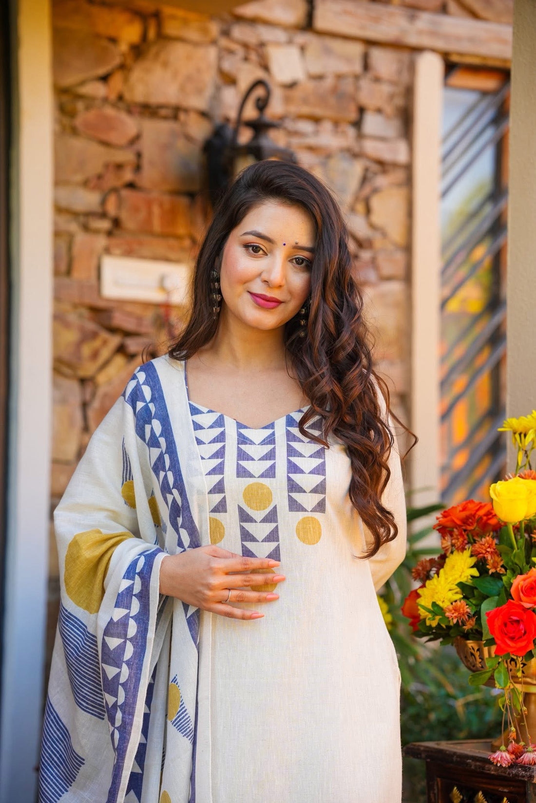 Off White Printed Muslin Straight Salwar Suit