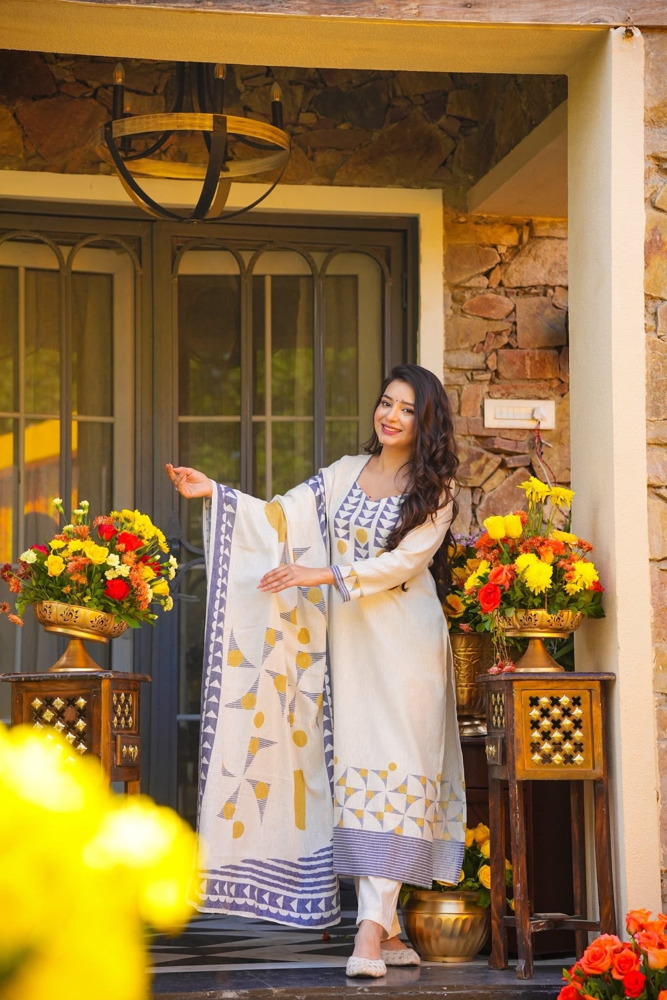 Off White Printed Muslin Straight Salwar Suit