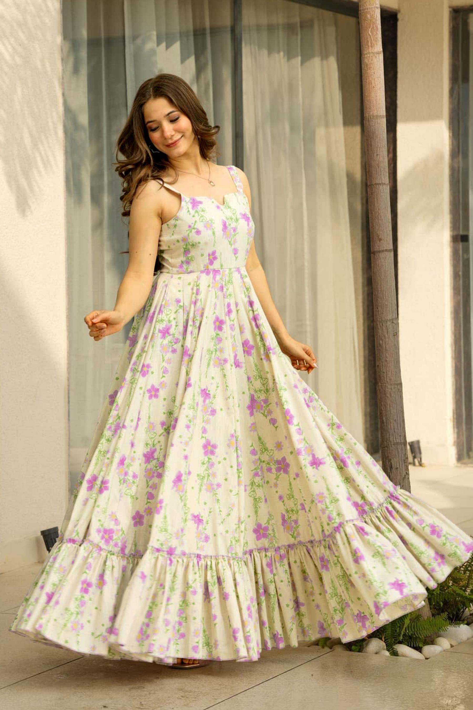 Off White Printed Rayon Gown