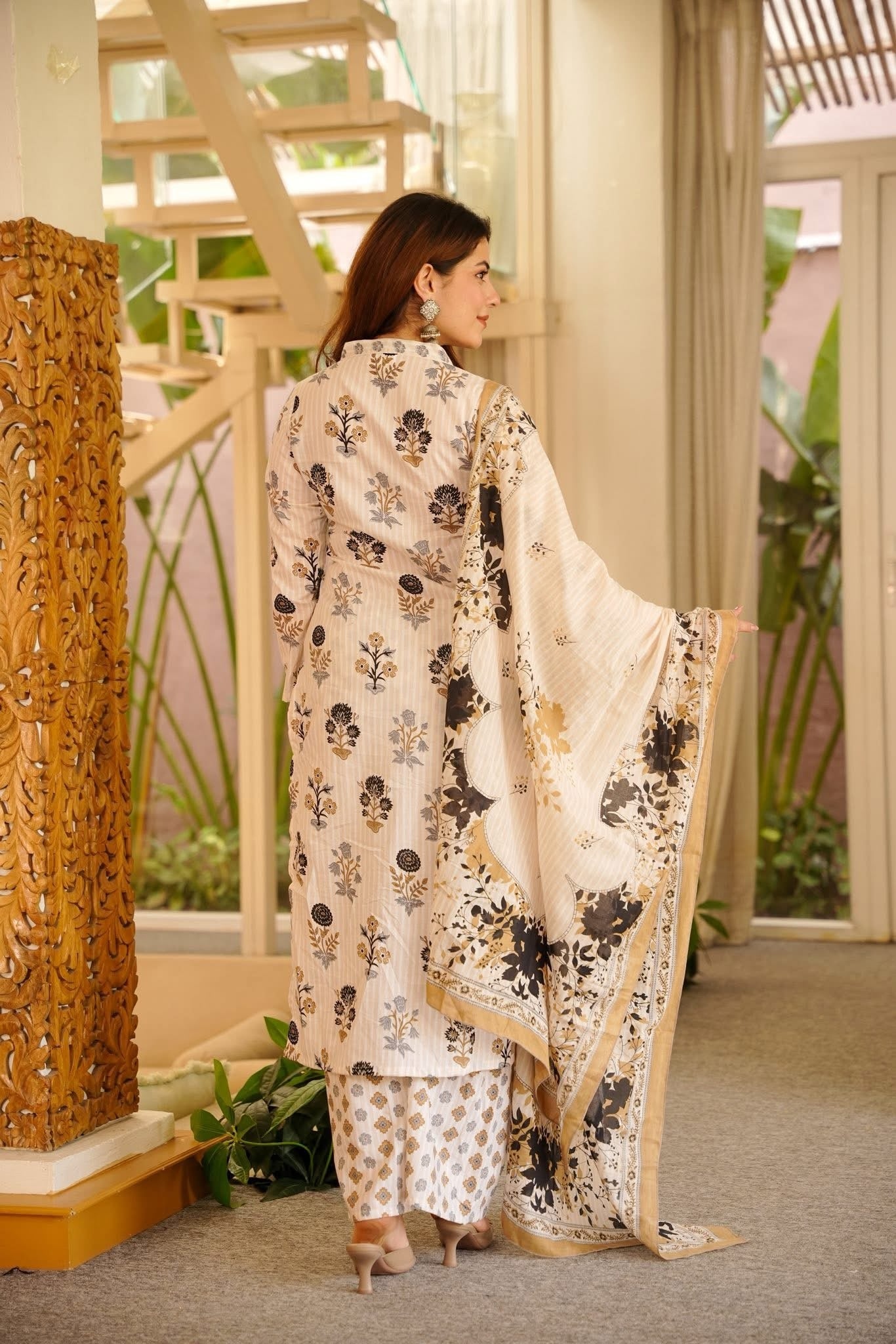 Off White Printed Rayon Slub Palazzo Suit — alternate view