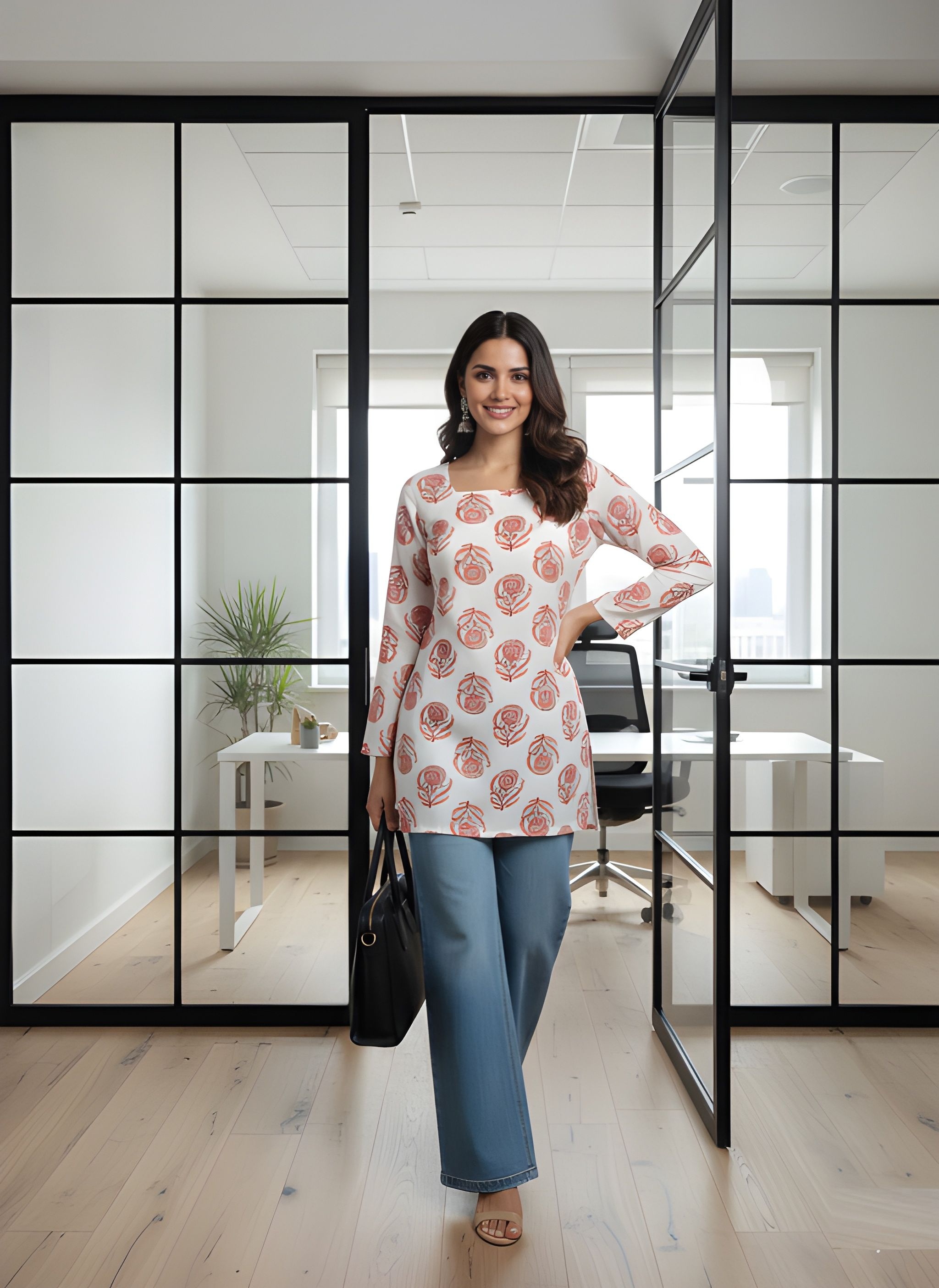 Off White Printed Rayon Straight Kurti