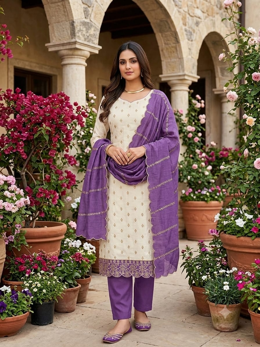 Off White Purple Floral Embroidered Vichitra Straight Suit