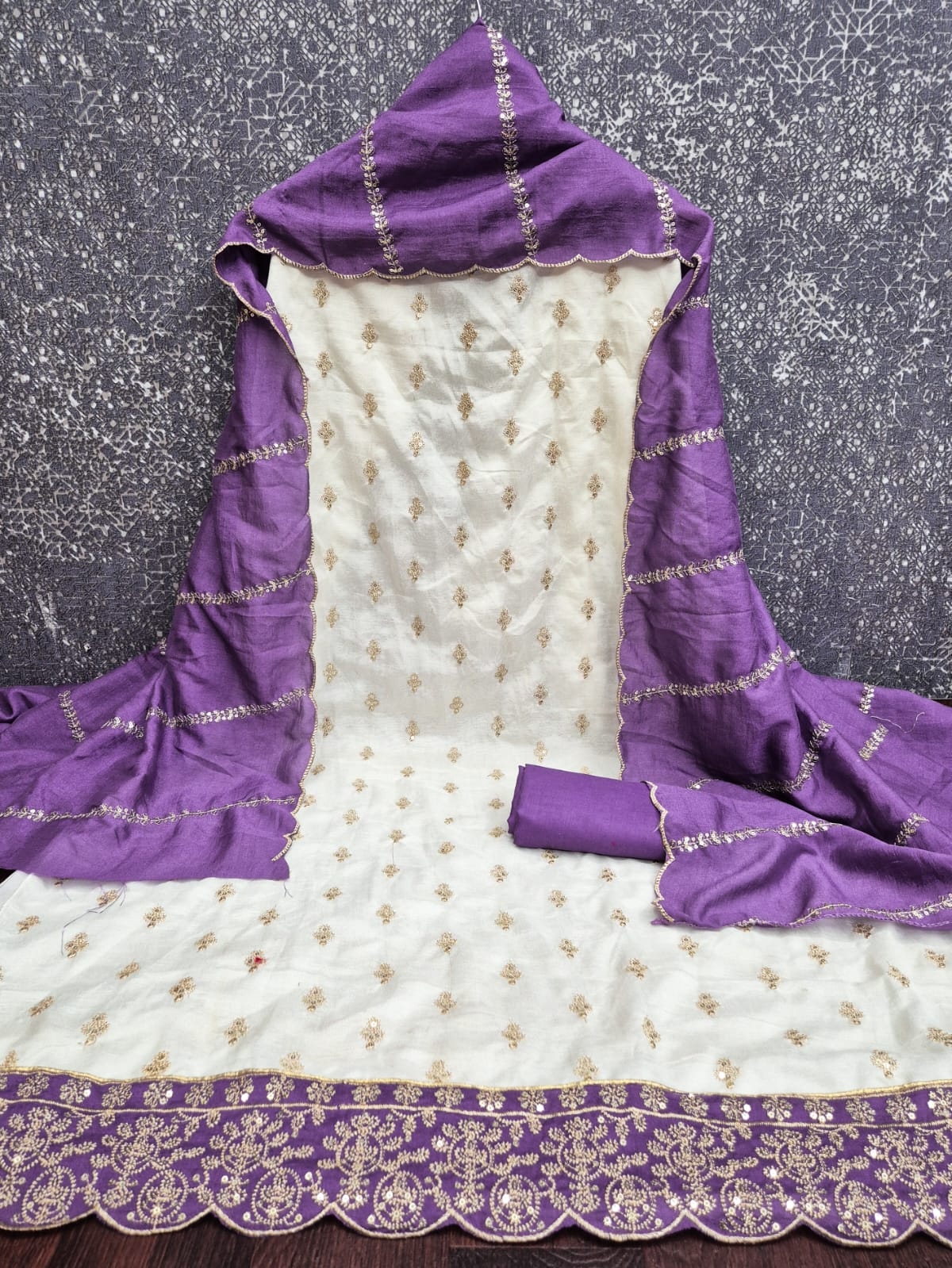 Off White Purple Floral Embroidered Vichitra Straight Suit — alternate view