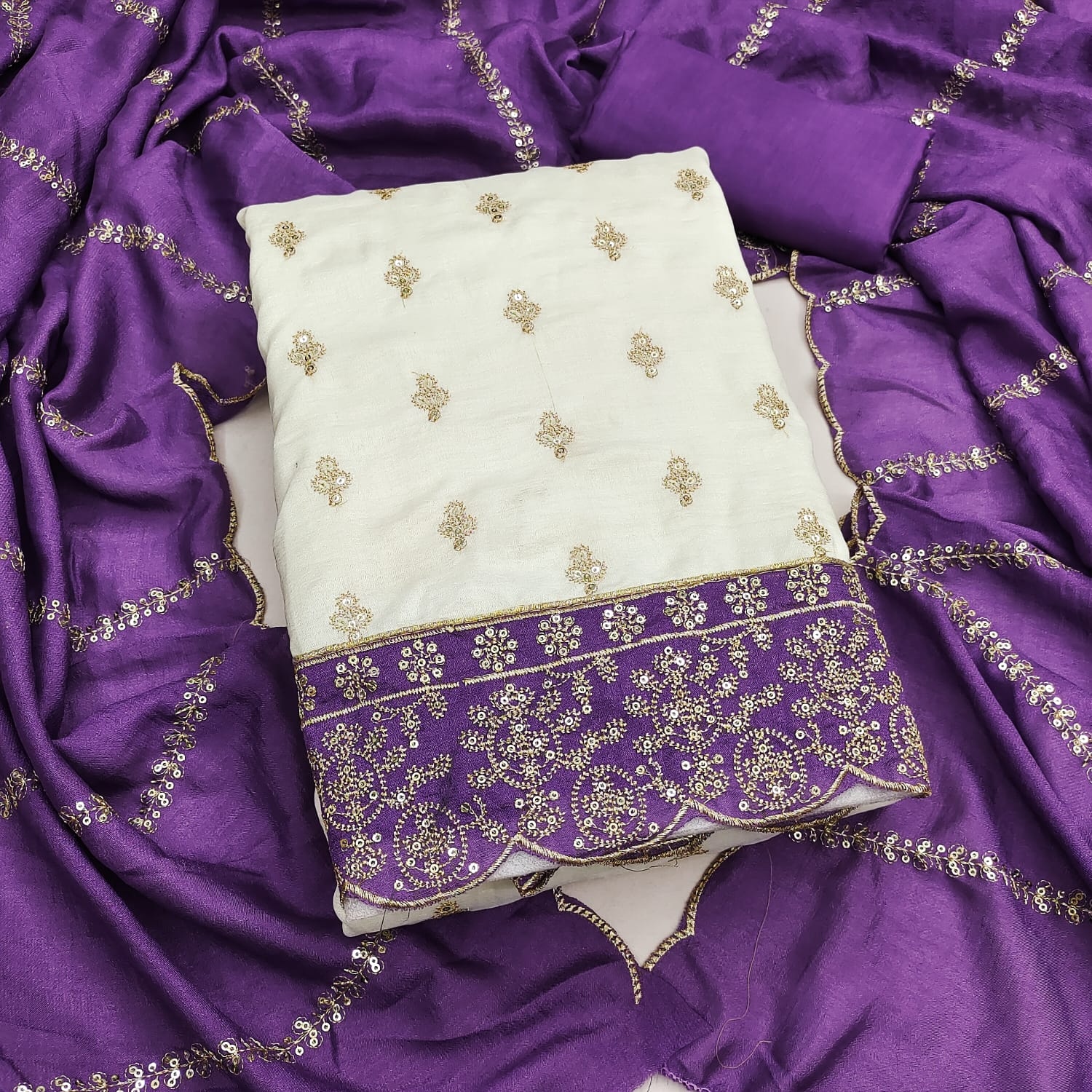 Off White Purple Floral Embroidered Vichitra Straight Suit