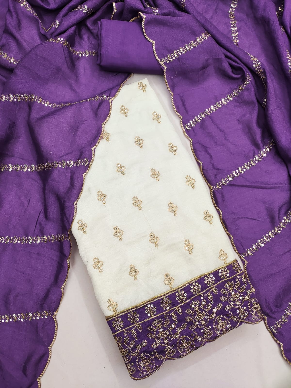 Off White Purple Floral Embroidered Vichitra Straight Suit