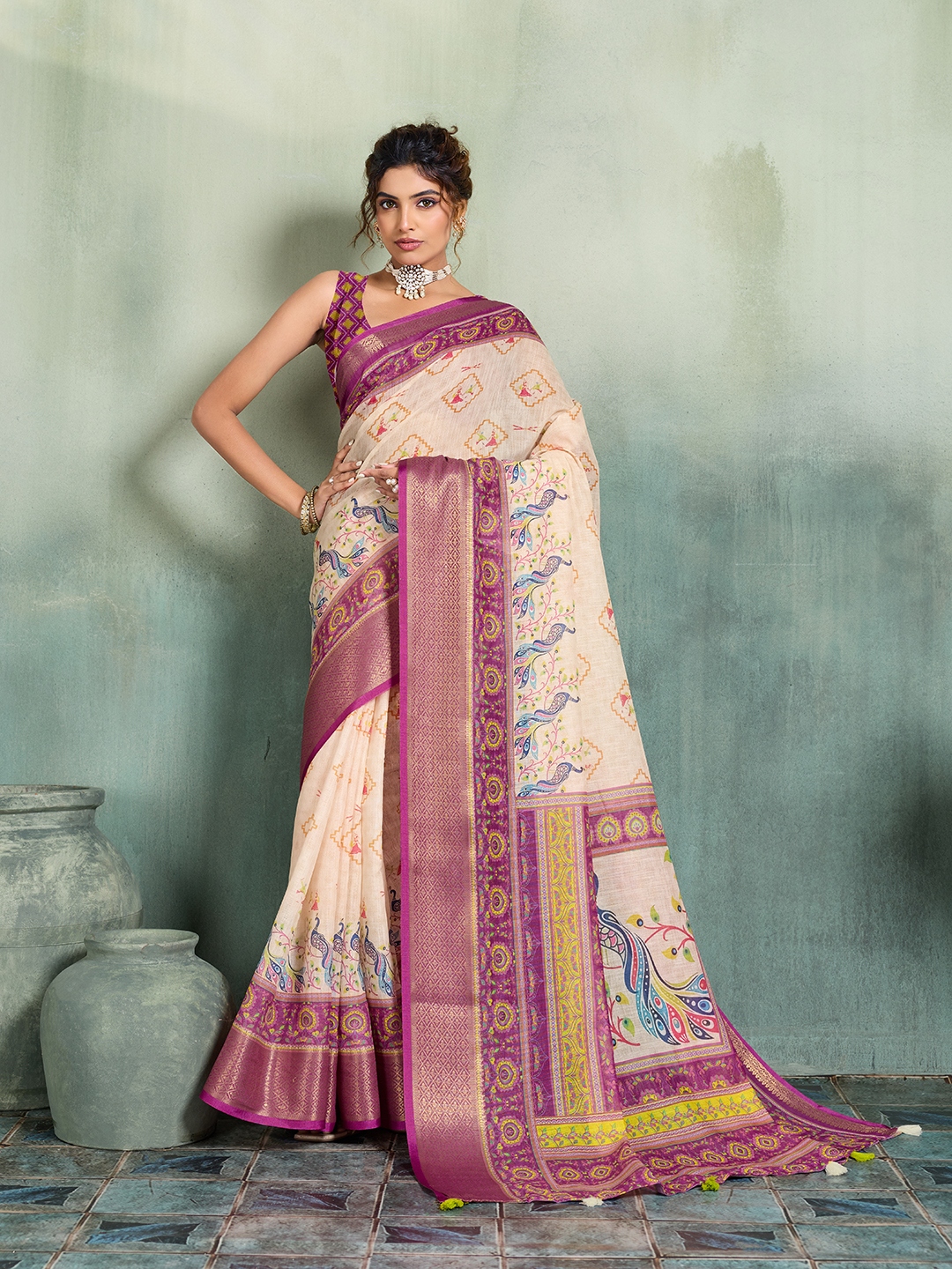 Off White Purple Printed Jari Border Linen Saree