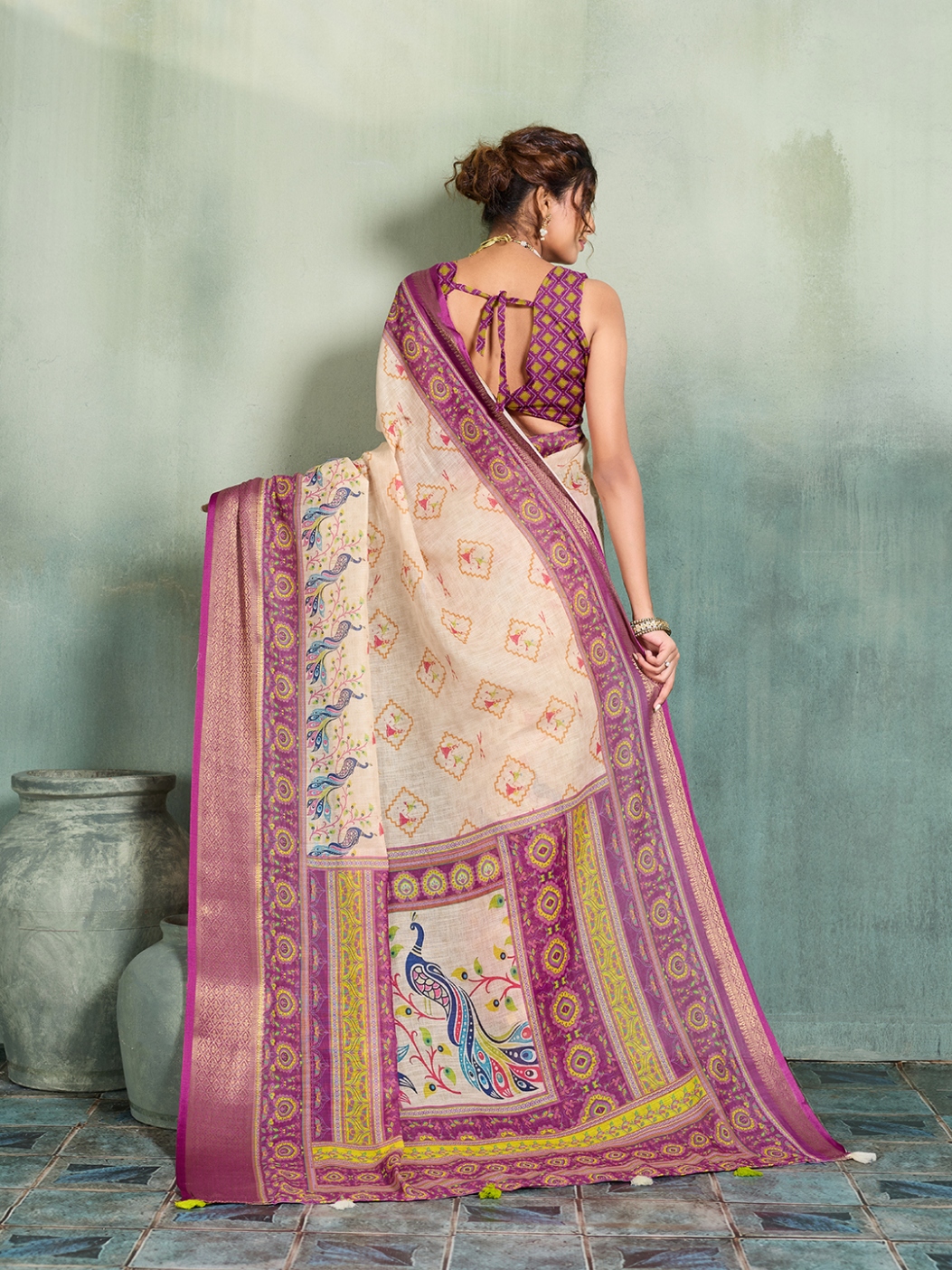Off White Purple Printed Jari Border Linen Saree — alternate view