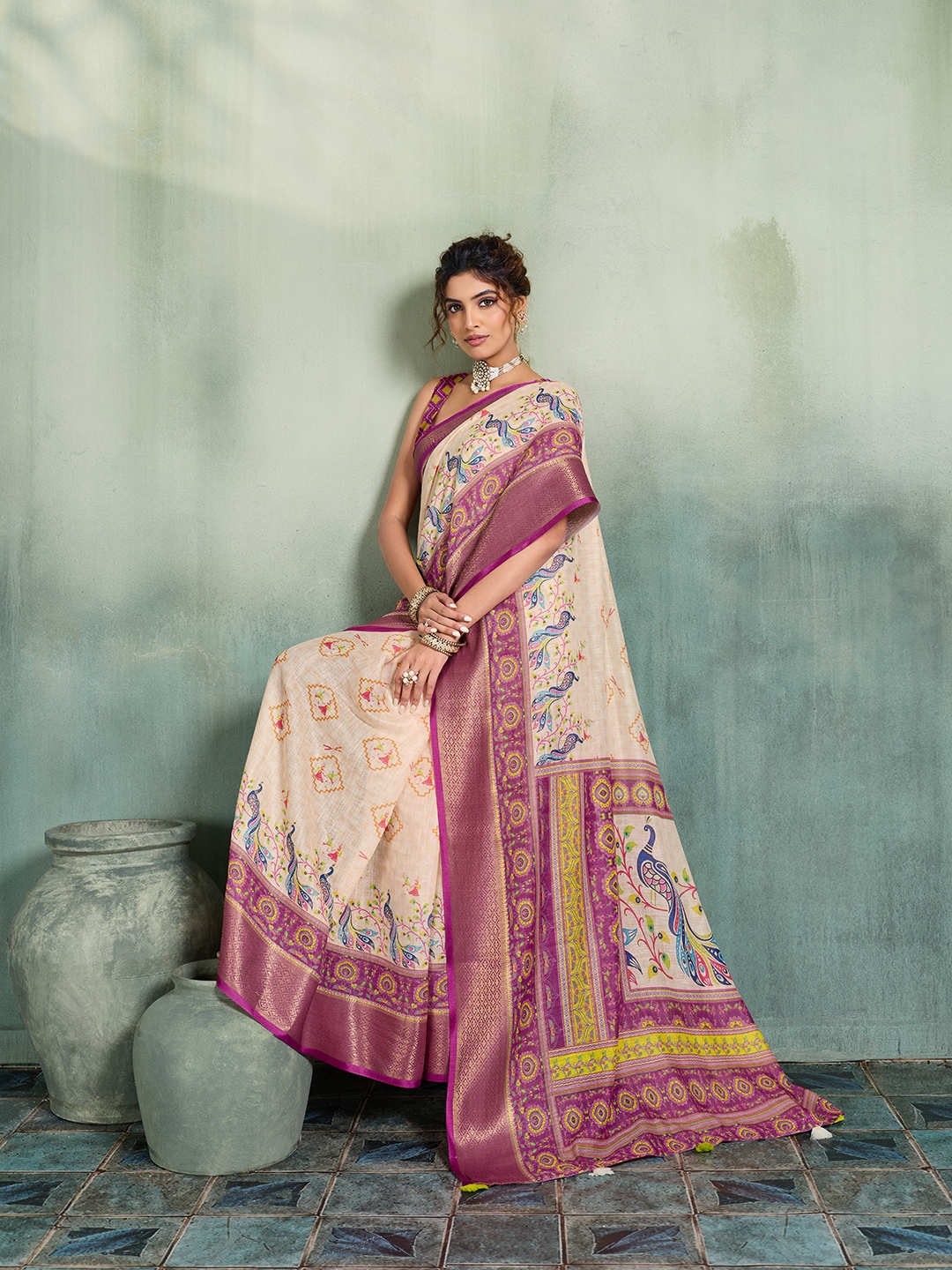 Off White Purple Printed Jari Border Linen Saree