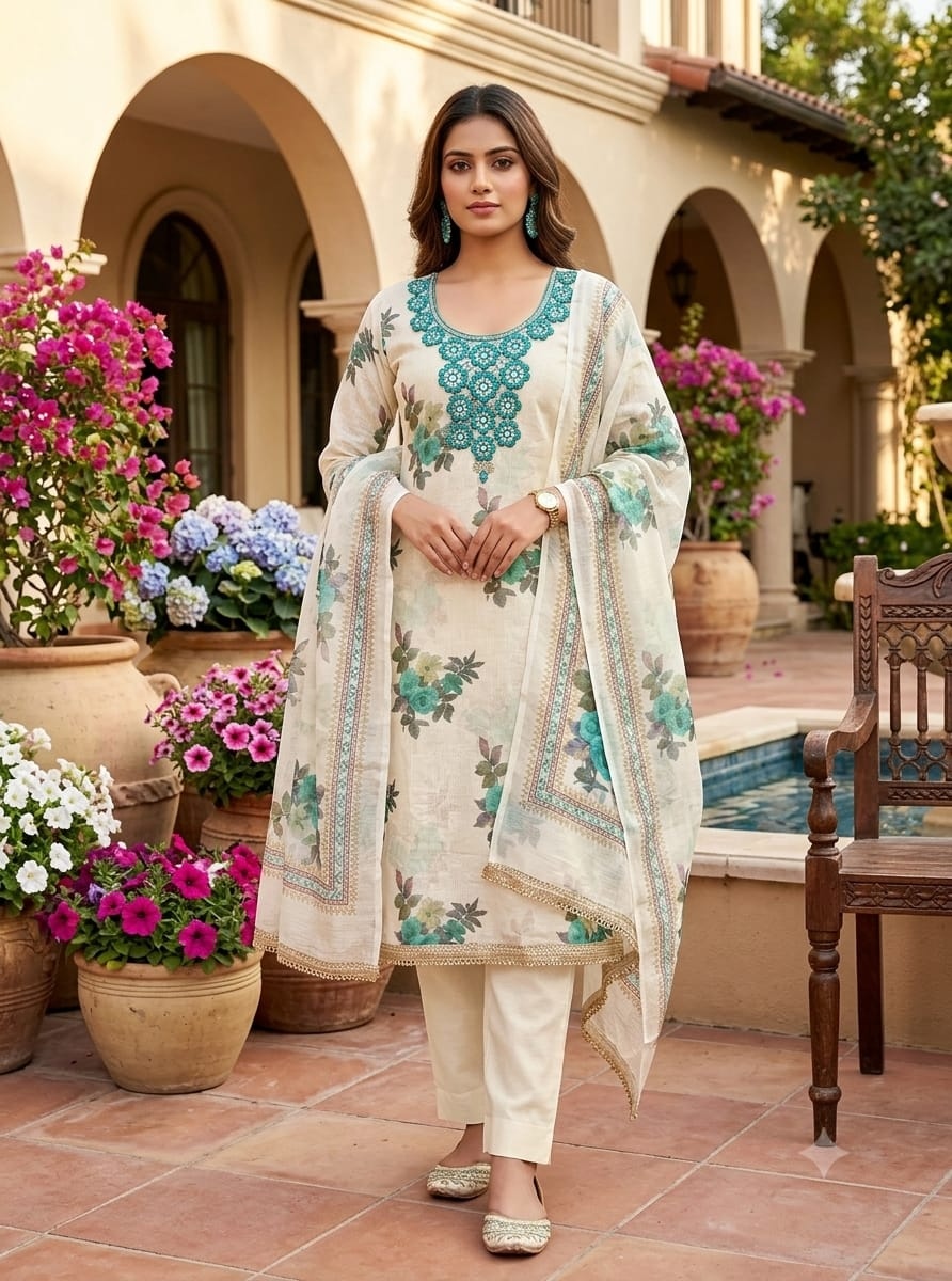 Off White Rama Floral Printed Shimmer Straight Suit
