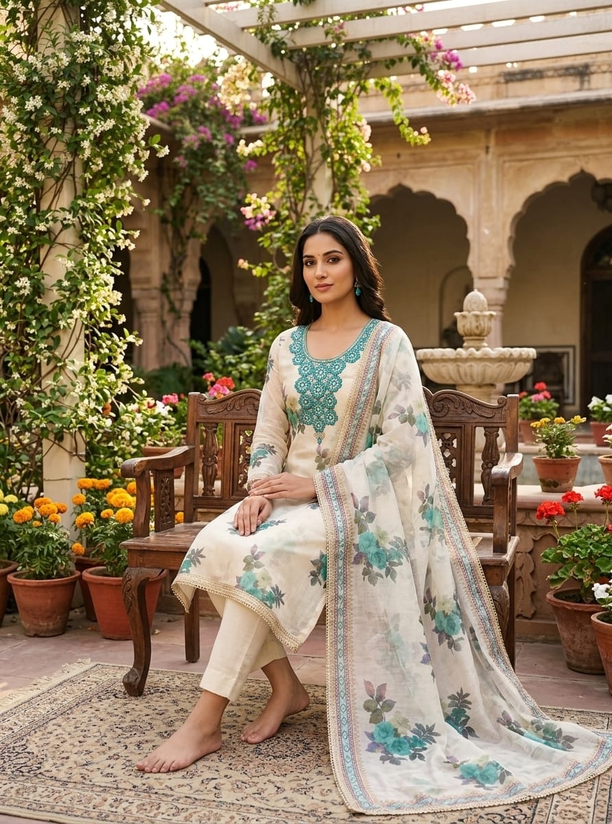 Off White Rama Floral Printed Shimmer Straight Suit — alternate view