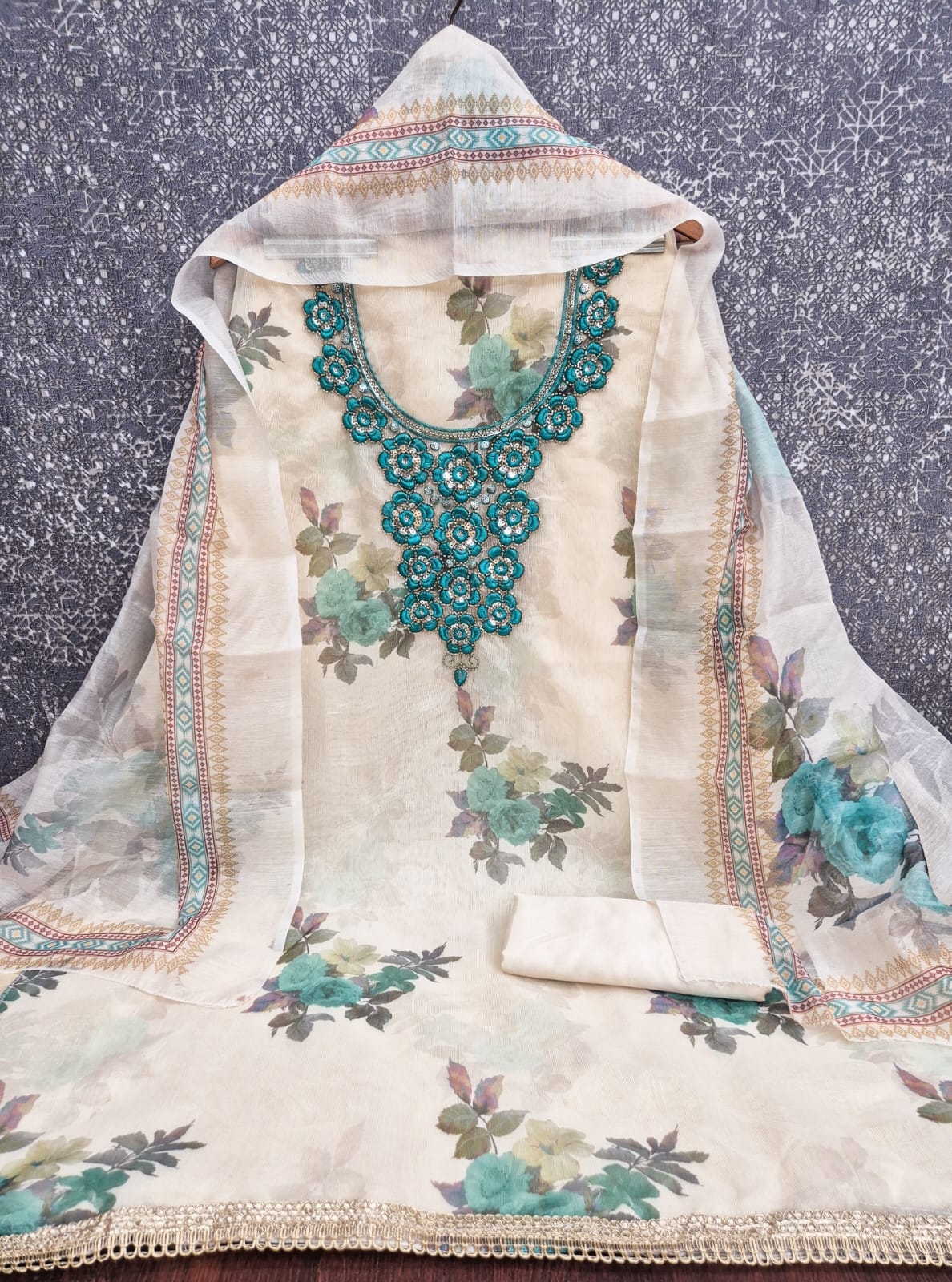 Off White Rama Floral Printed Shimmer Straight Suit