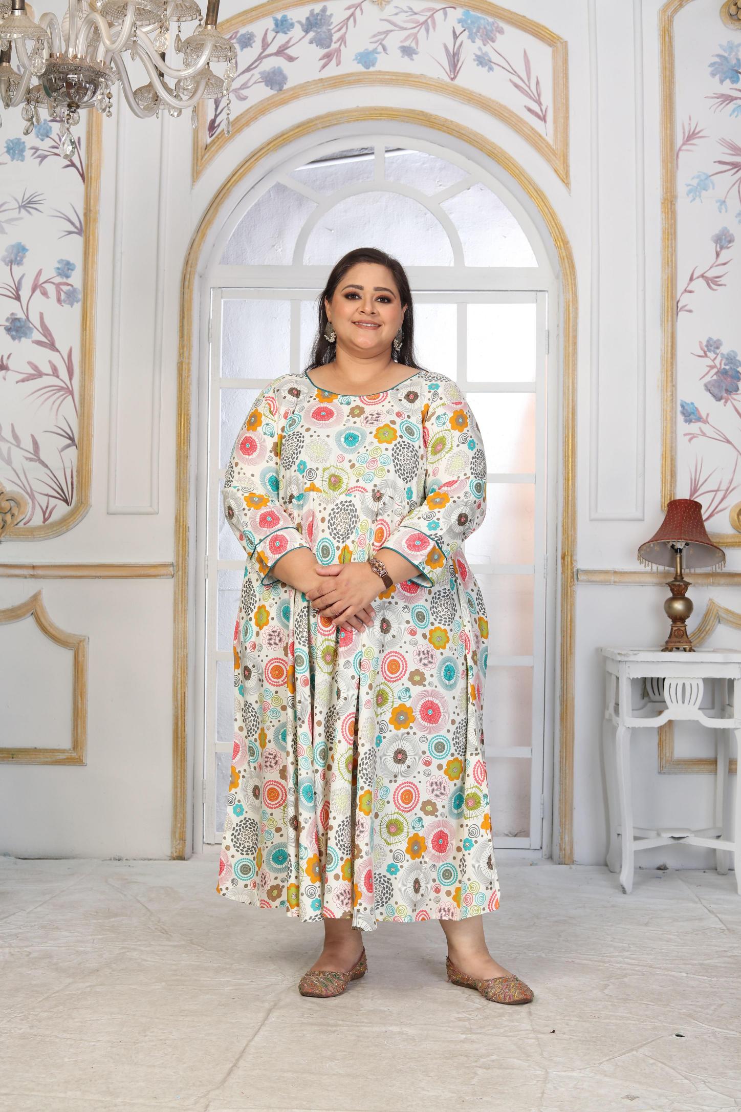 Off White Rayon Designer Printed Long Kurti