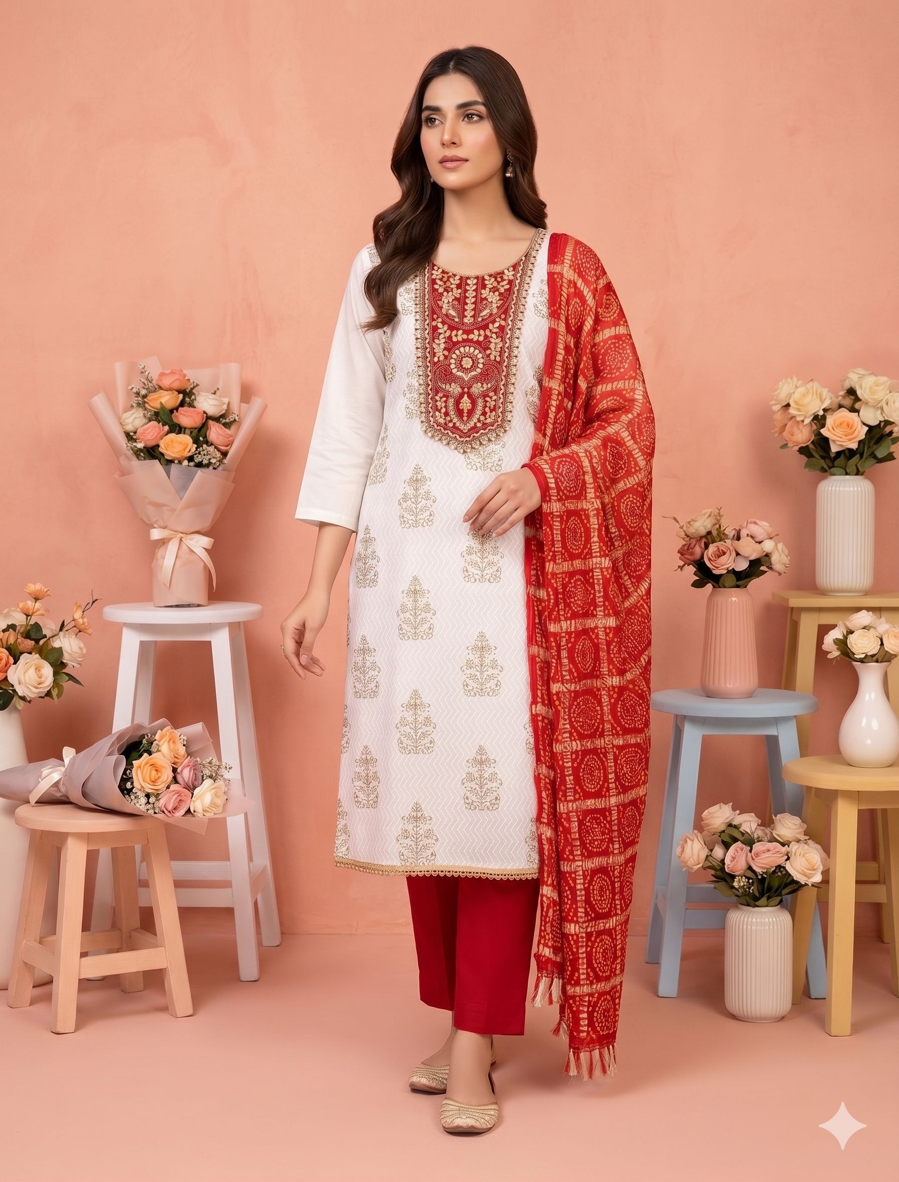 Off White Red Embroidery Rayon Salwar Suit