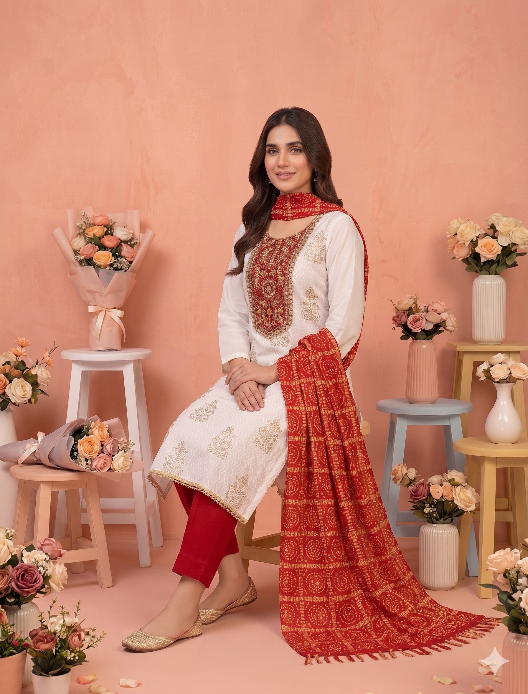 Off White Red Embroidery Rayon Salwar Suit — alternate view