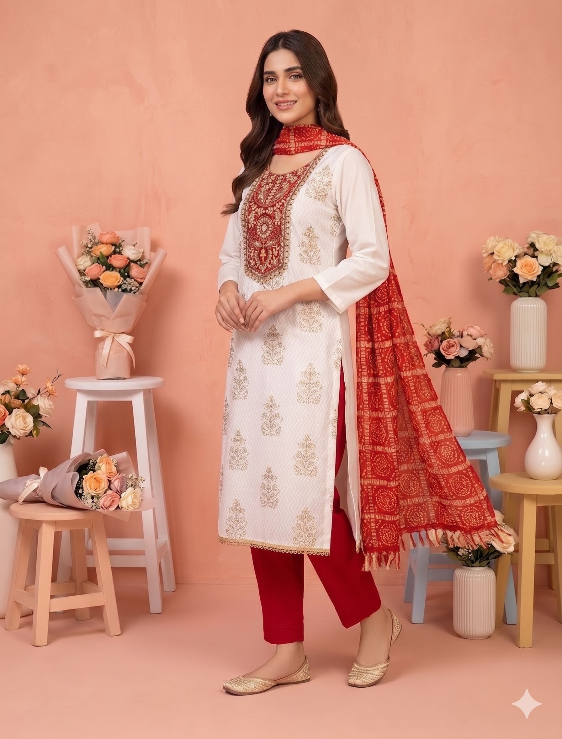 Off White Red Embroidery Rayon Salwar Suit