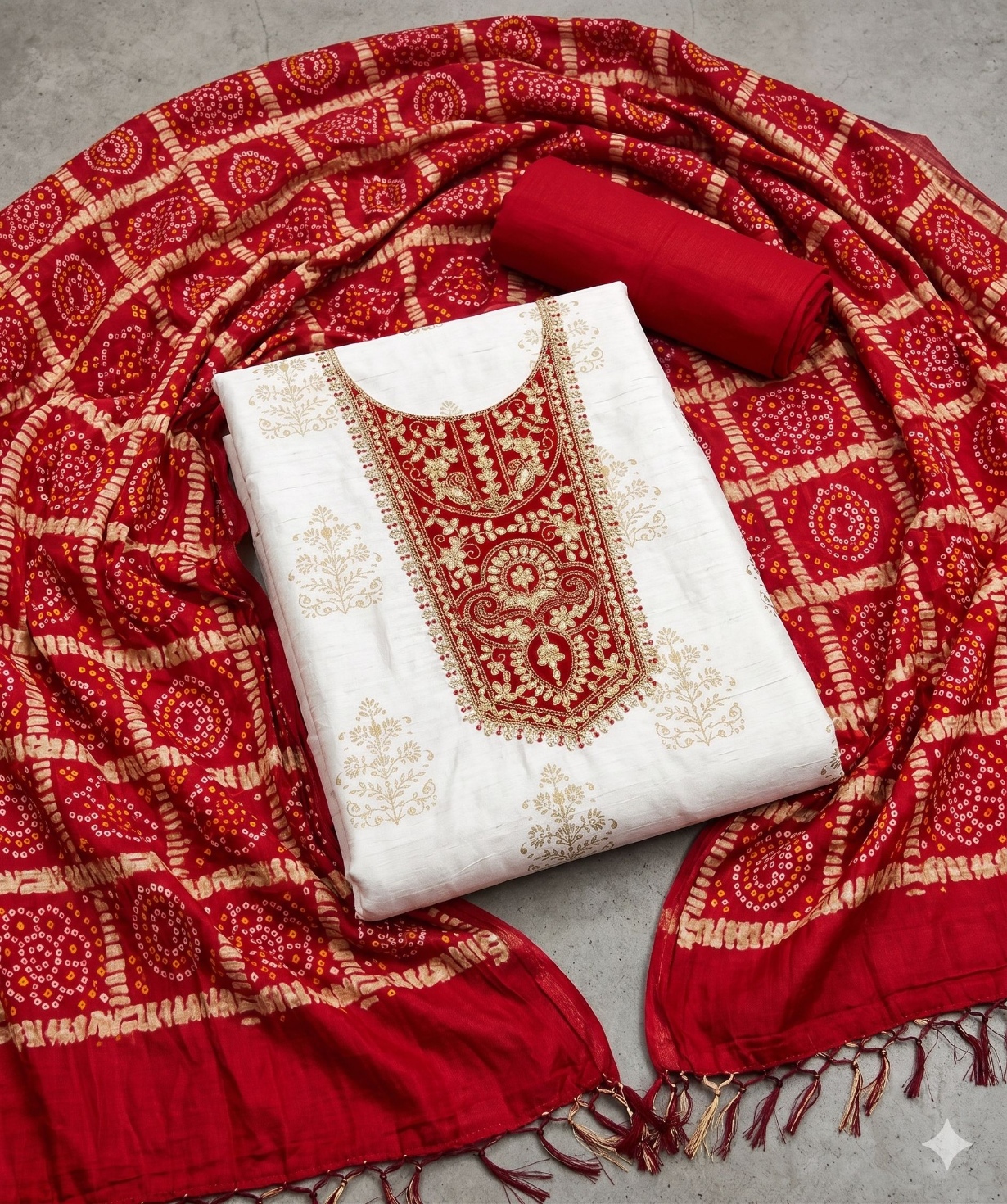 Off White Red Embroidery Rayon Salwar Suit