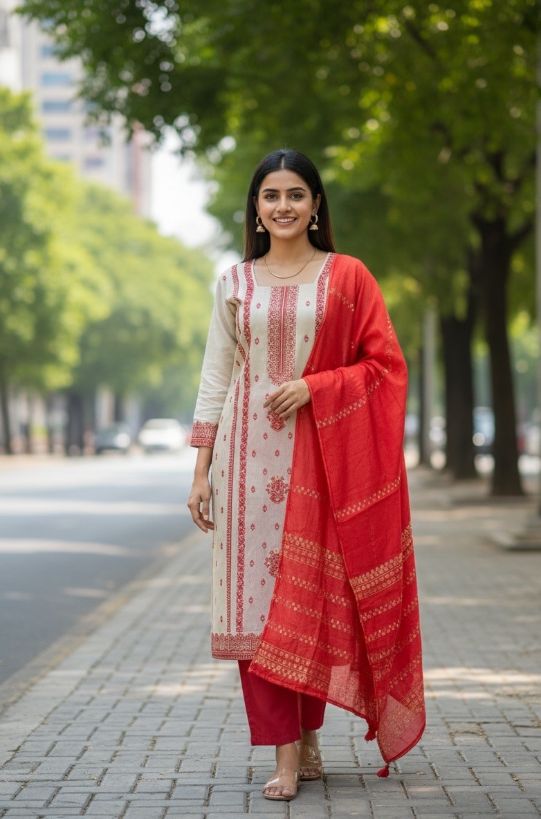 Off White Red Panelled Straight Salwar Suit
