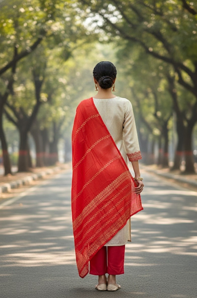 Off White Red Panelled Straight Salwar Suit — alternate view