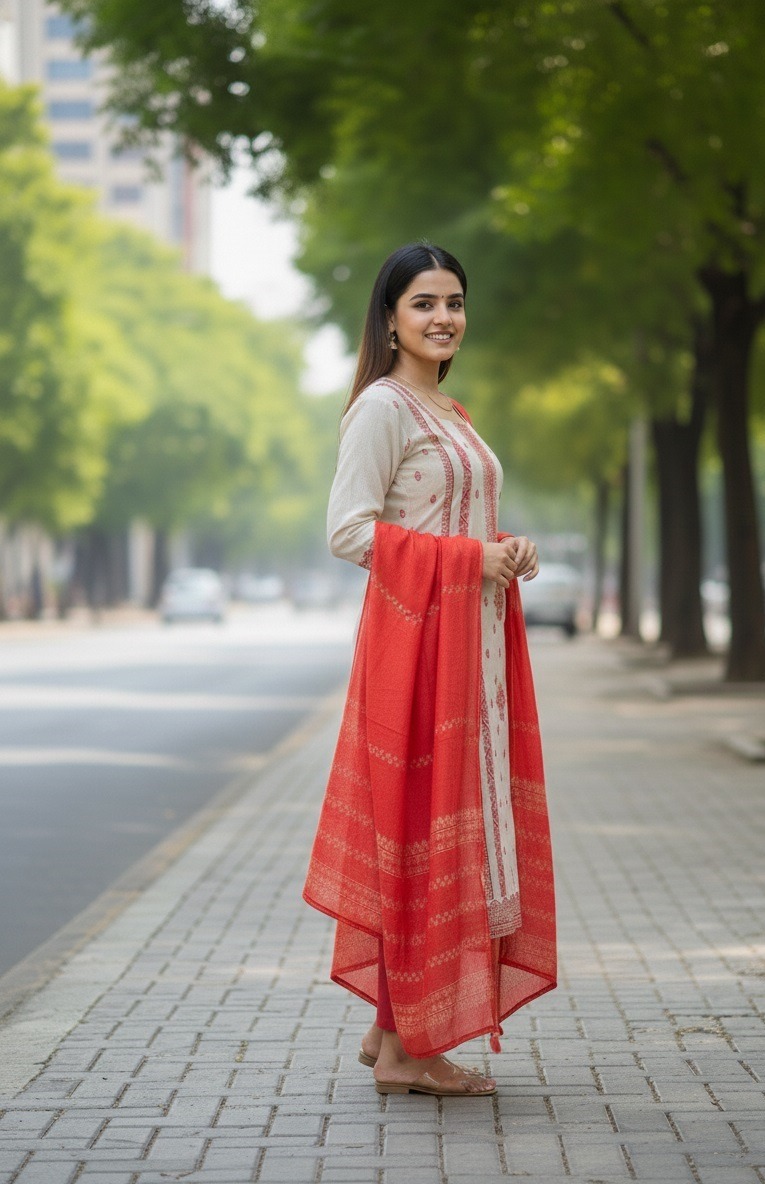 Off White Red Panelled Straight Salwar Suit