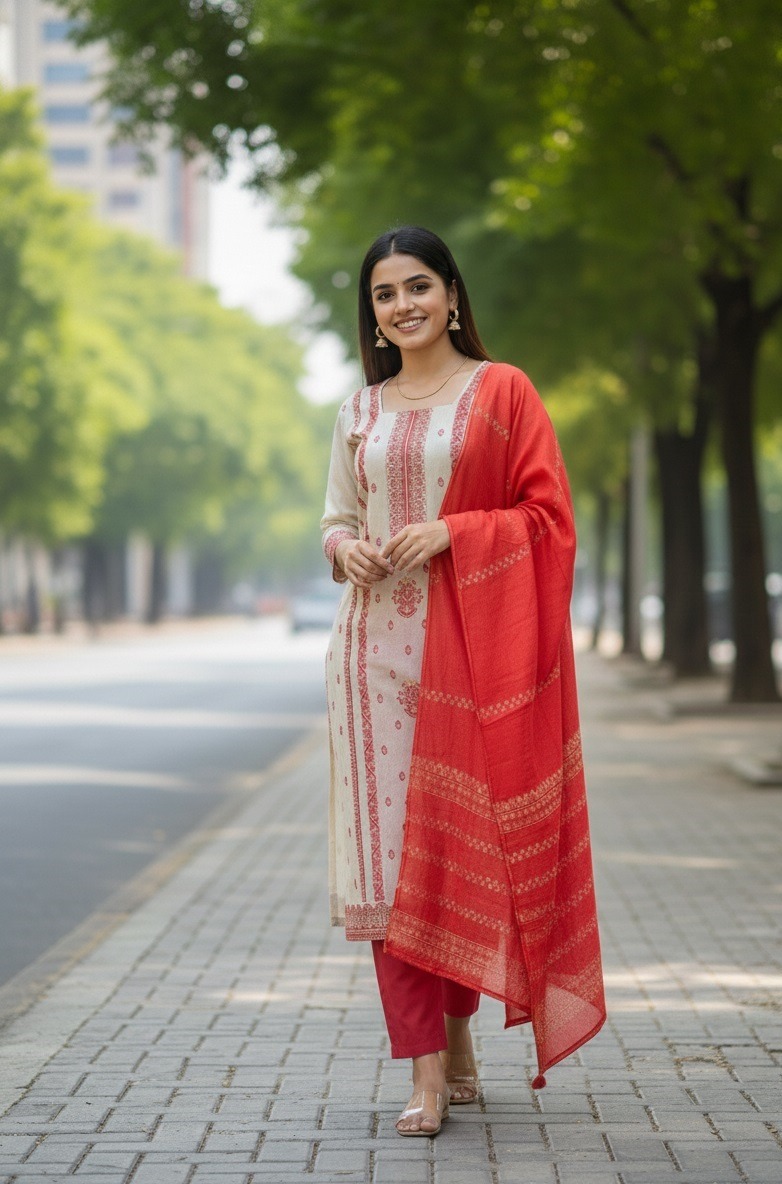 Off White Red Panelled Straight Salwar Suit