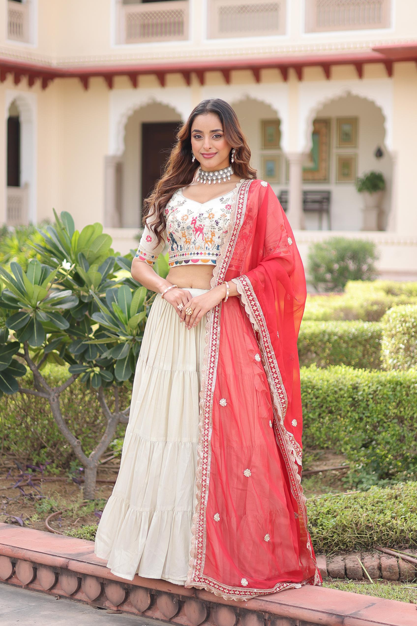 Off White Red Thread Embroidered Cosmos Silk Lehenga Choli