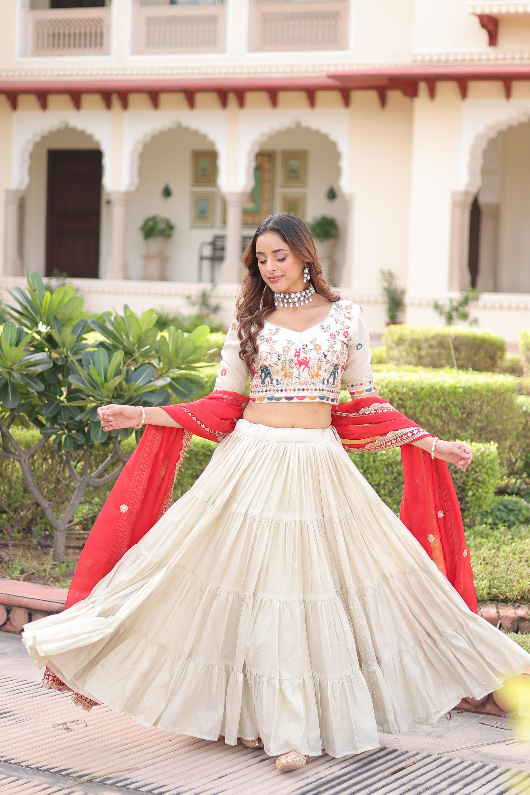 Off White Red Thread Embroidered Cosmos Silk Lehenga Choli — alternate view