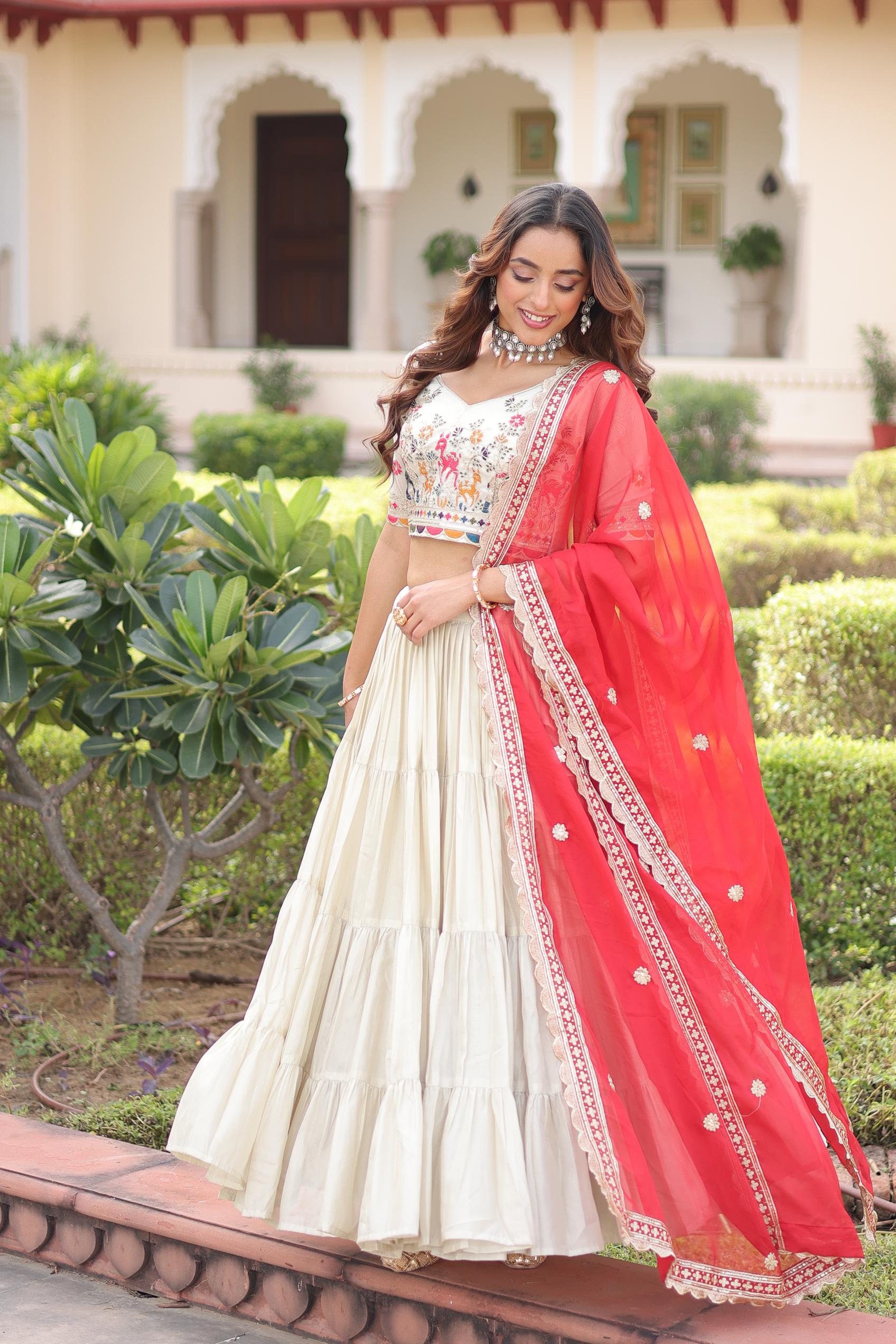 Off White Red Thread Embroidered Cosmos Silk Lehenga Choli