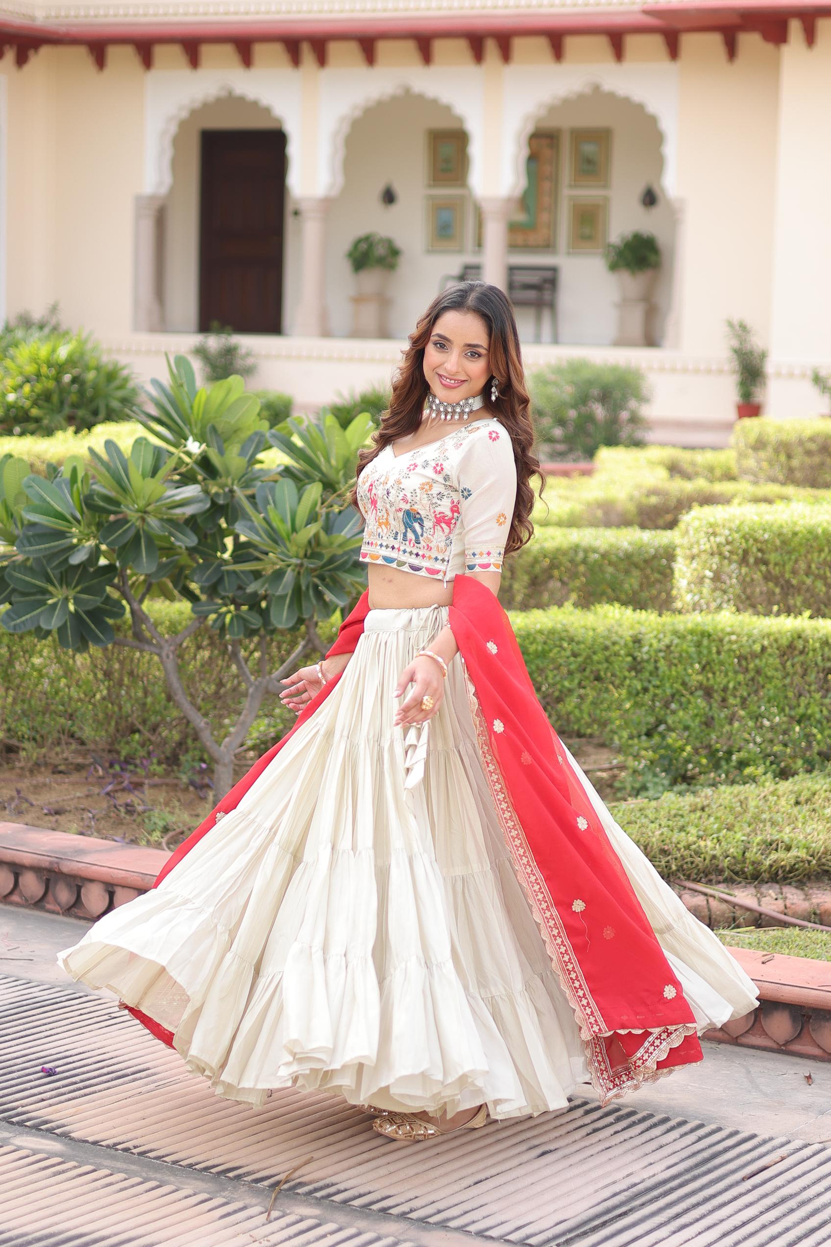 Off White Red Thread Embroidered Cosmos Silk Lehenga Choli
