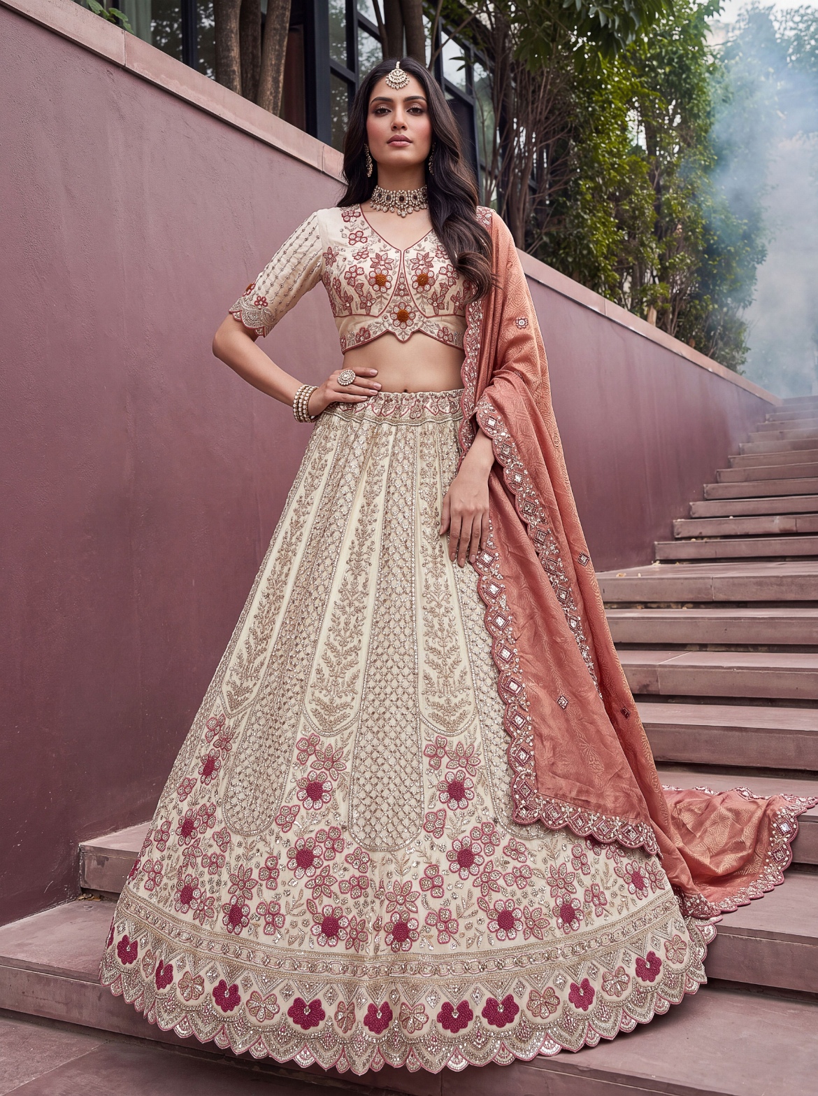 Off White Rust Floral Silk Bridal Lehenga