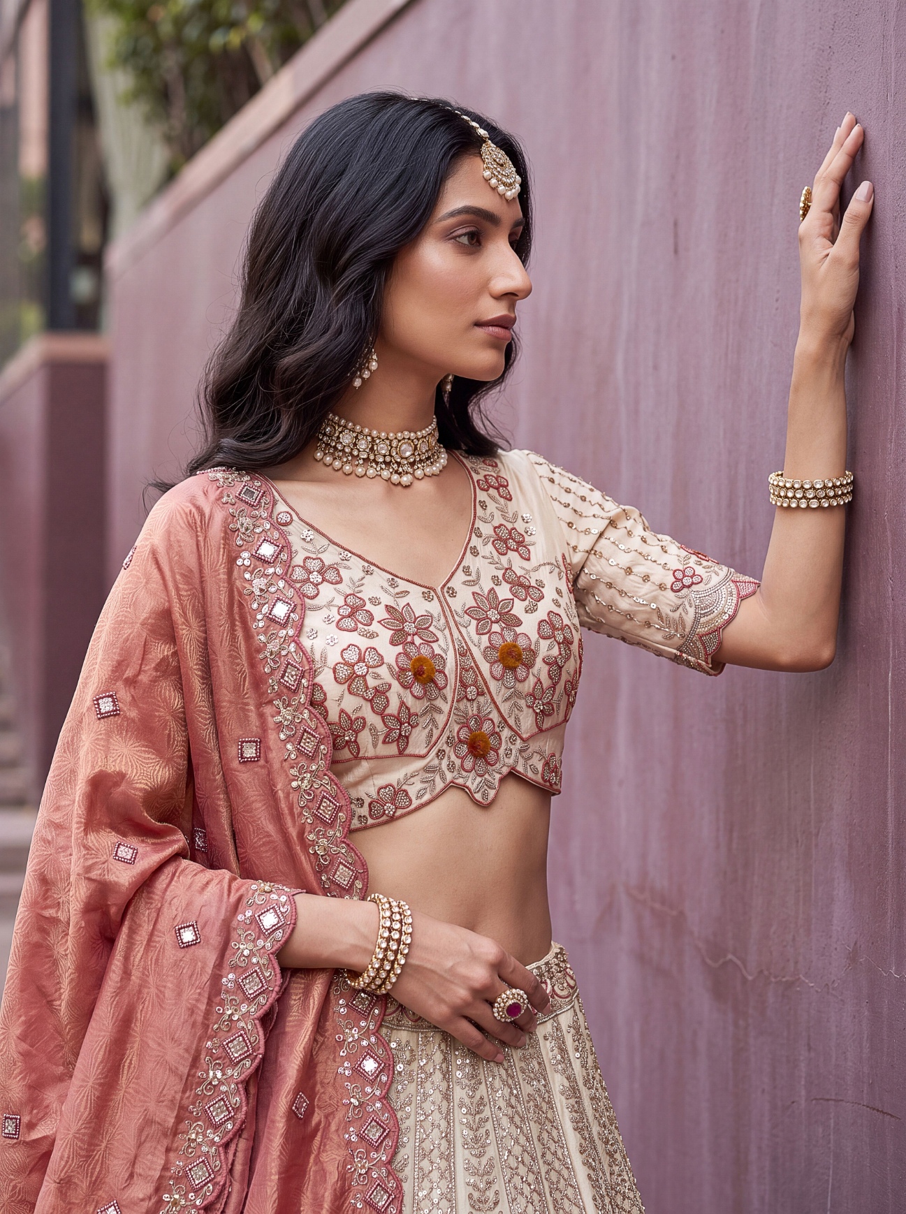 Off White Rust Floral Silk Bridal Lehenga — alternate view