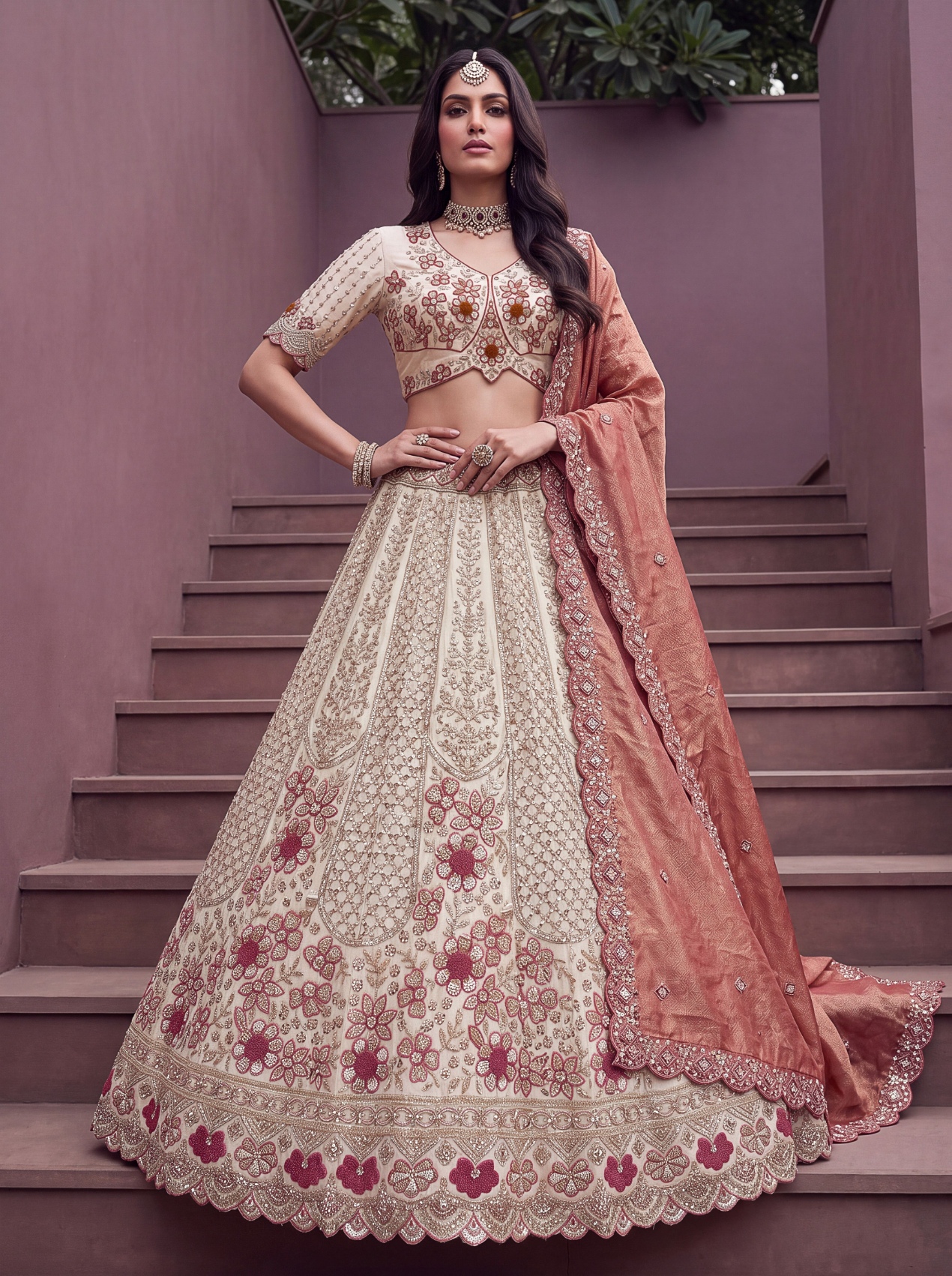 Off White Rust Floral Silk Bridal Lehenga