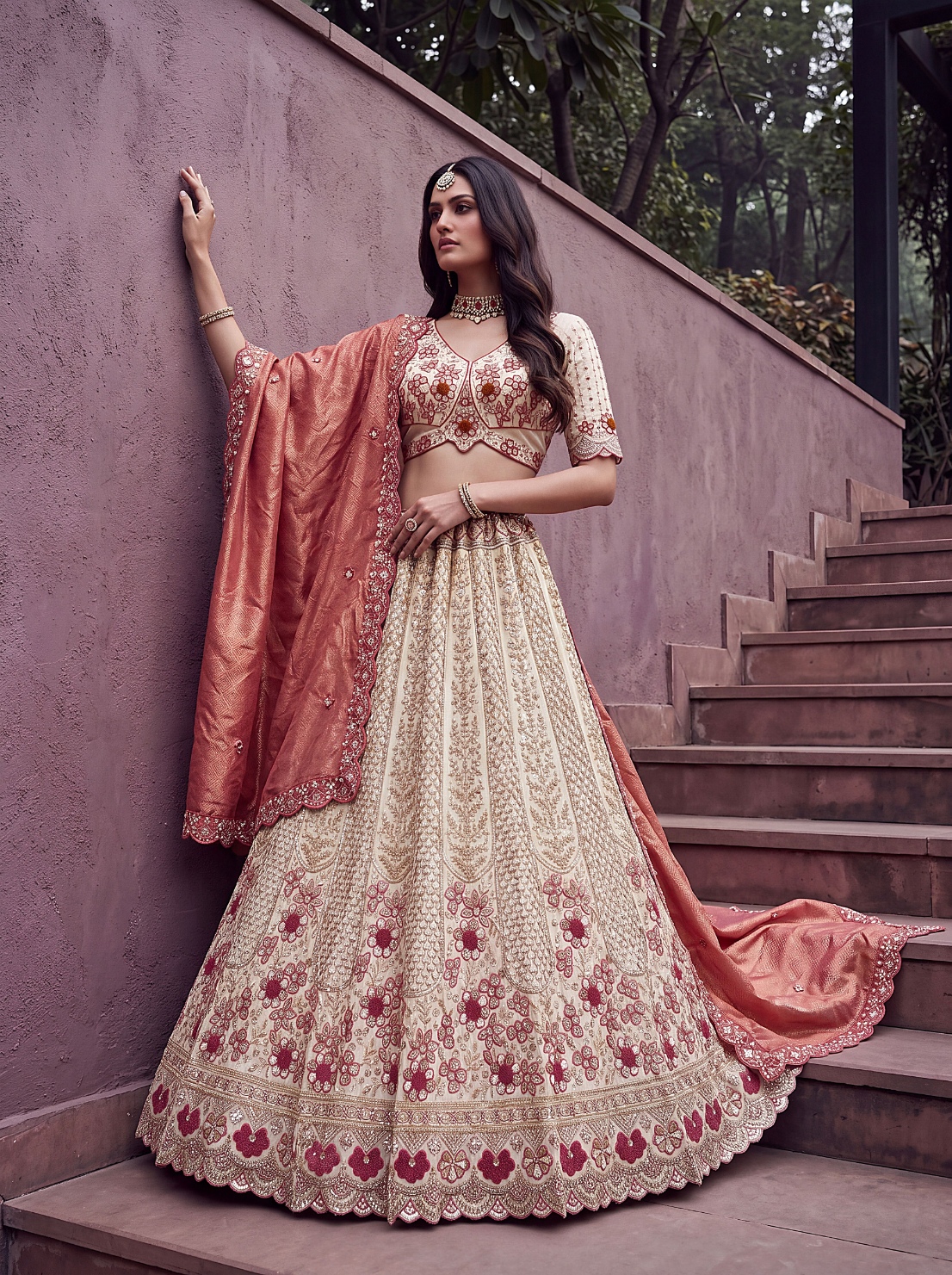 Off White Rust Floral Silk Bridal Lehenga