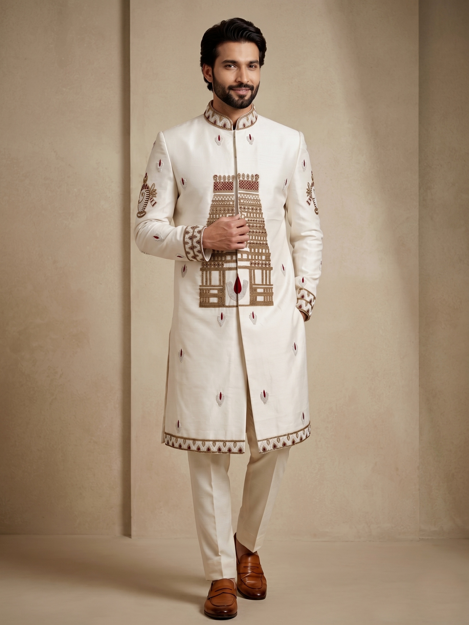 Off White Satin Silk Bead Work Indo-Western Sherwani