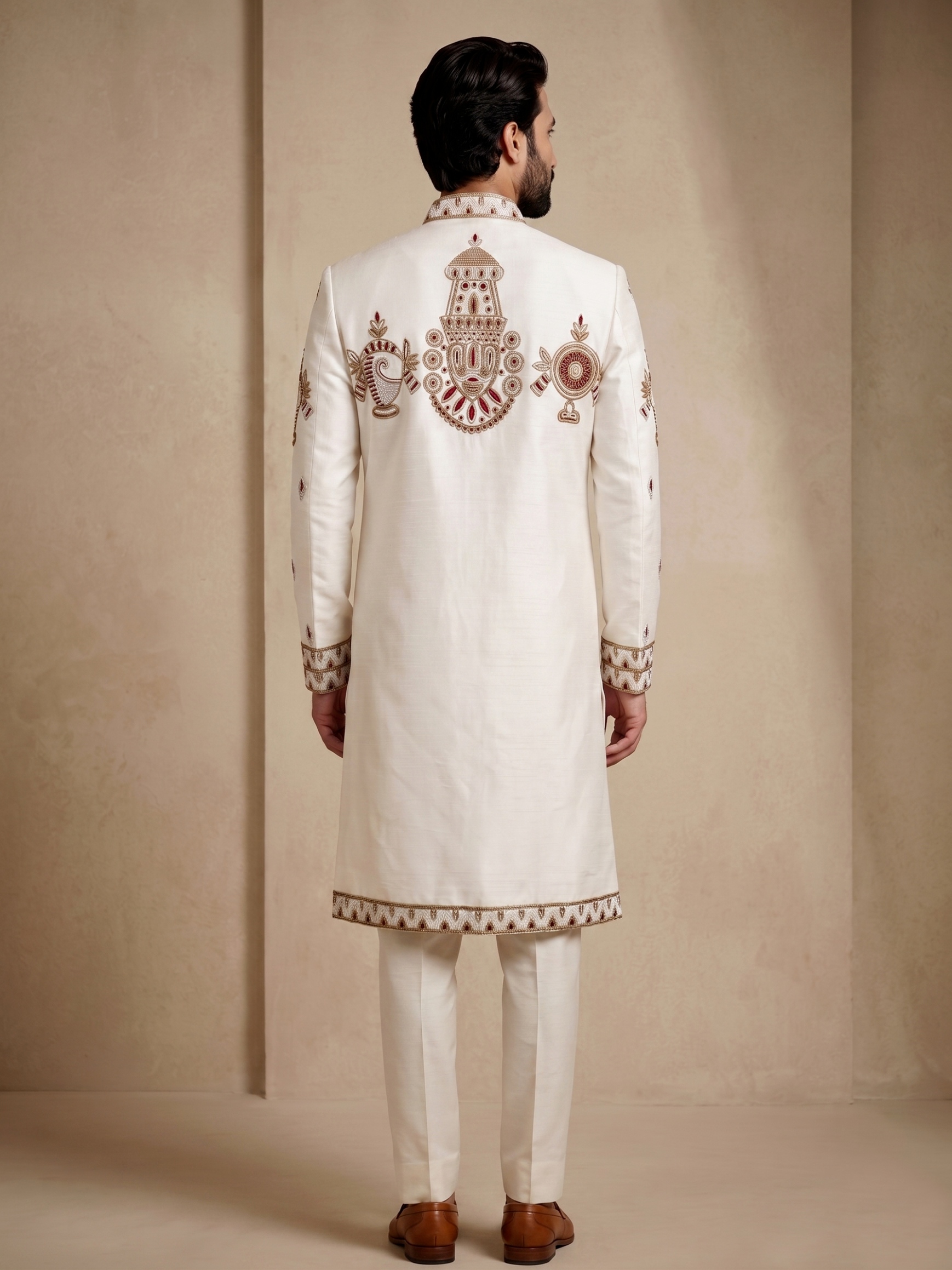Off White Satin Silk Bead Work Indo-Western Sherwani — alternate view