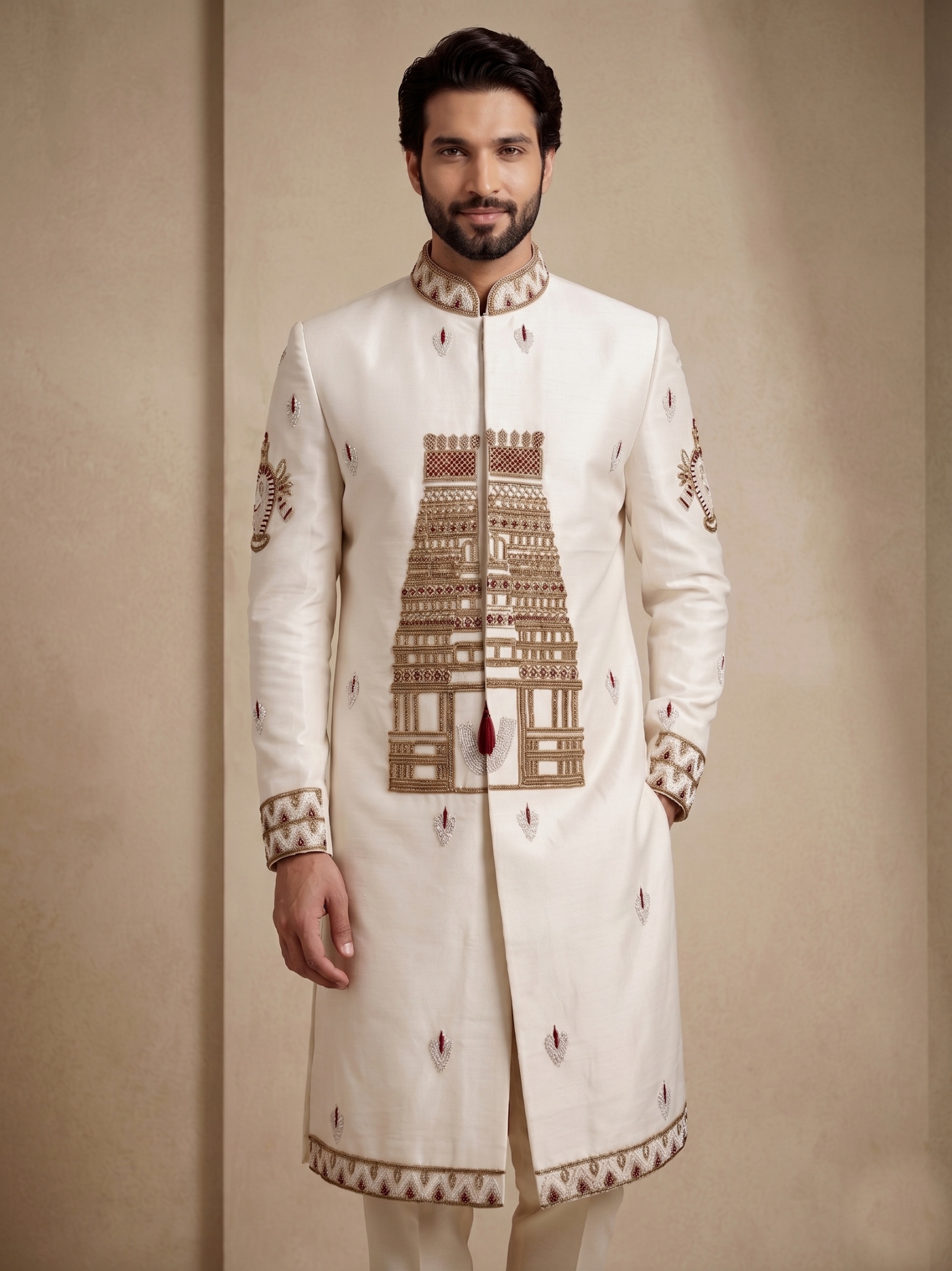 Off White Satin Silk Bead Work Indo-Western Sherwani