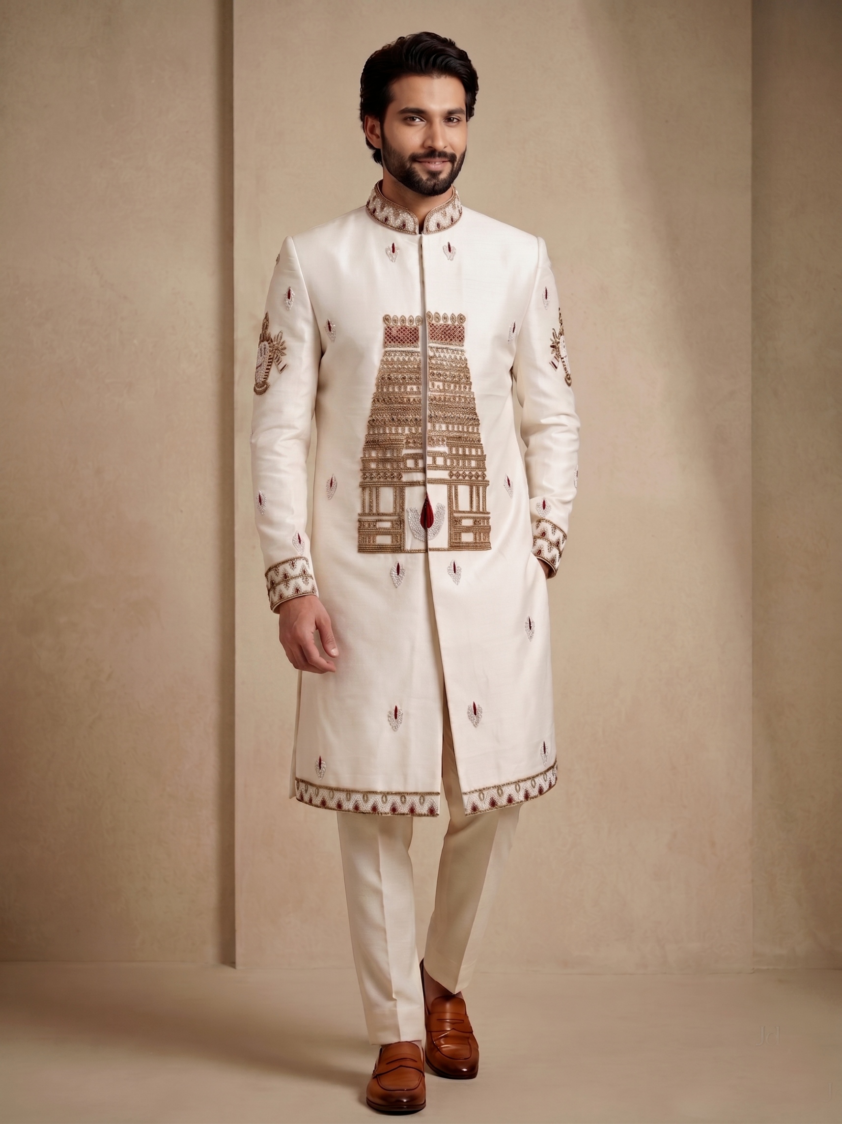 Off White Satin Silk Bead Work Indo-Western Sherwani