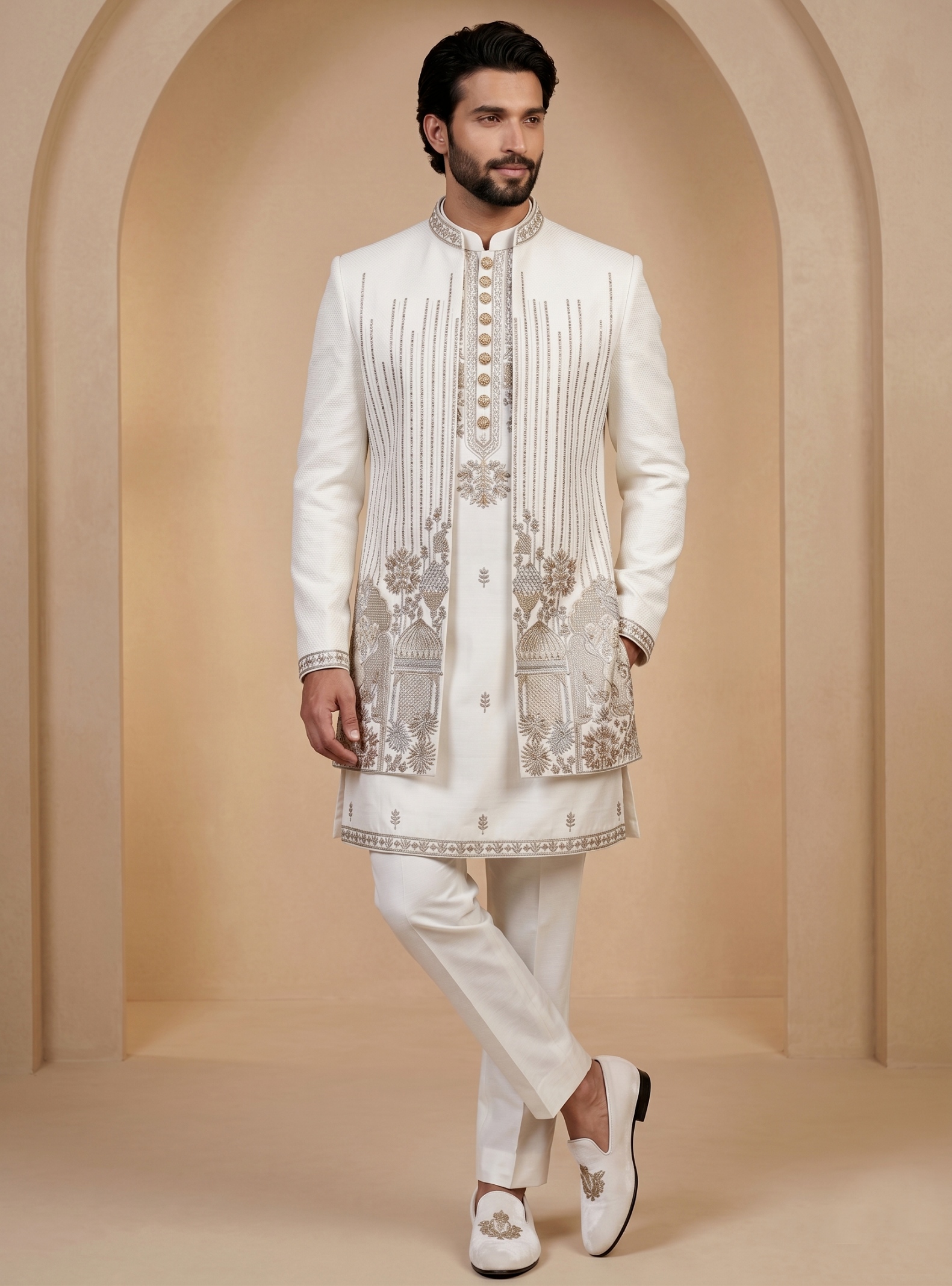 Off White Satin Silk Thread Embroidery Indo-Western Sherwani
