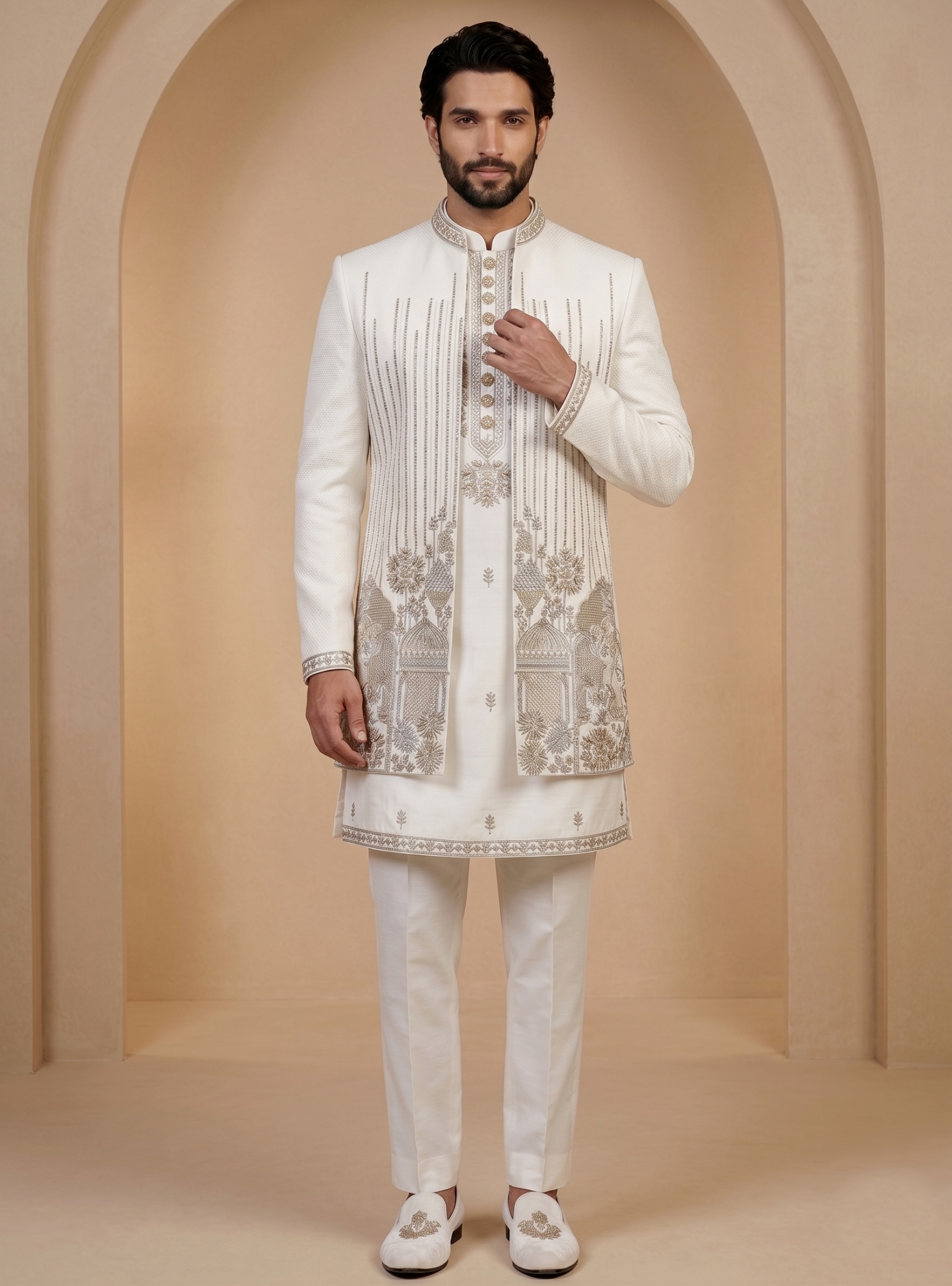 Off White Satin Silk Thread Embroidery Indo-Western Sherwani — alternate view