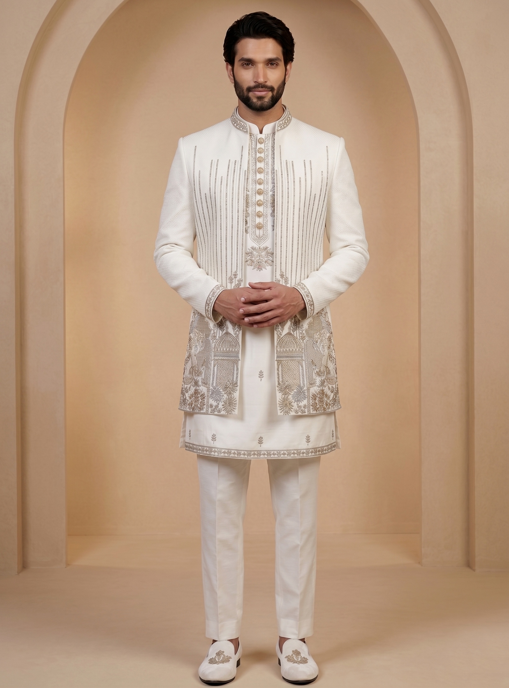 Off White Satin Silk Thread Embroidery Indo-Western Sherwani
