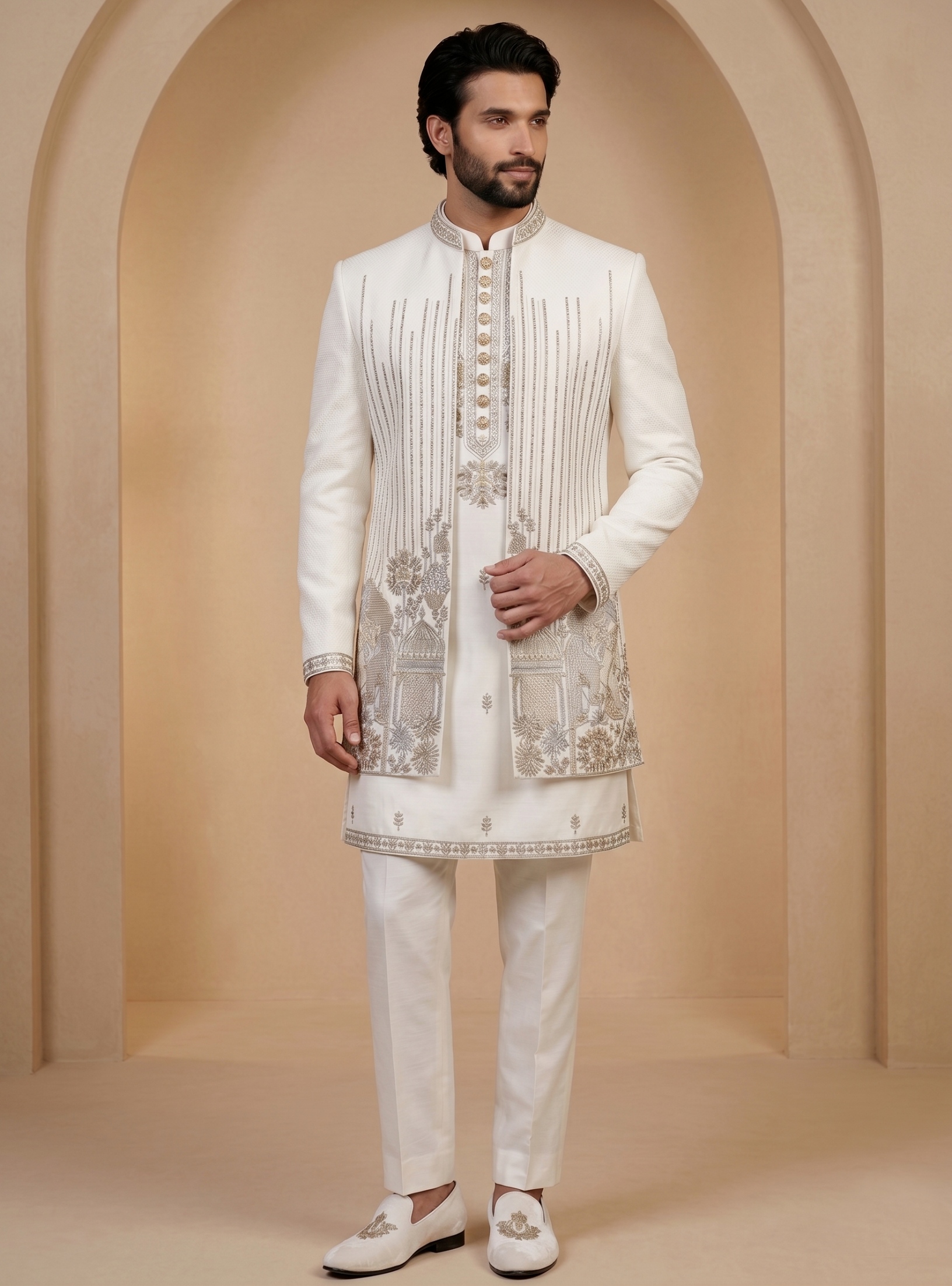 Off White Satin Silk Thread Embroidery Indo-Western Sherwani