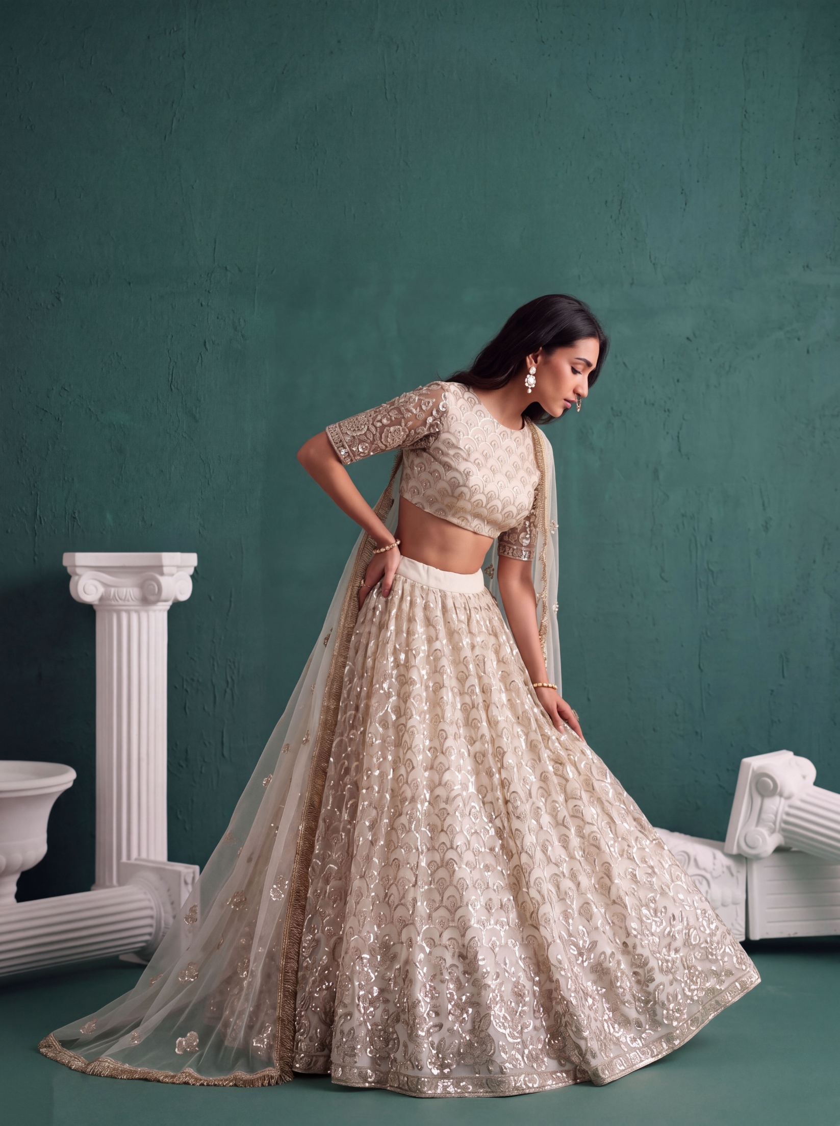 Off White Sequin Butterfly Net Lehenga Choli