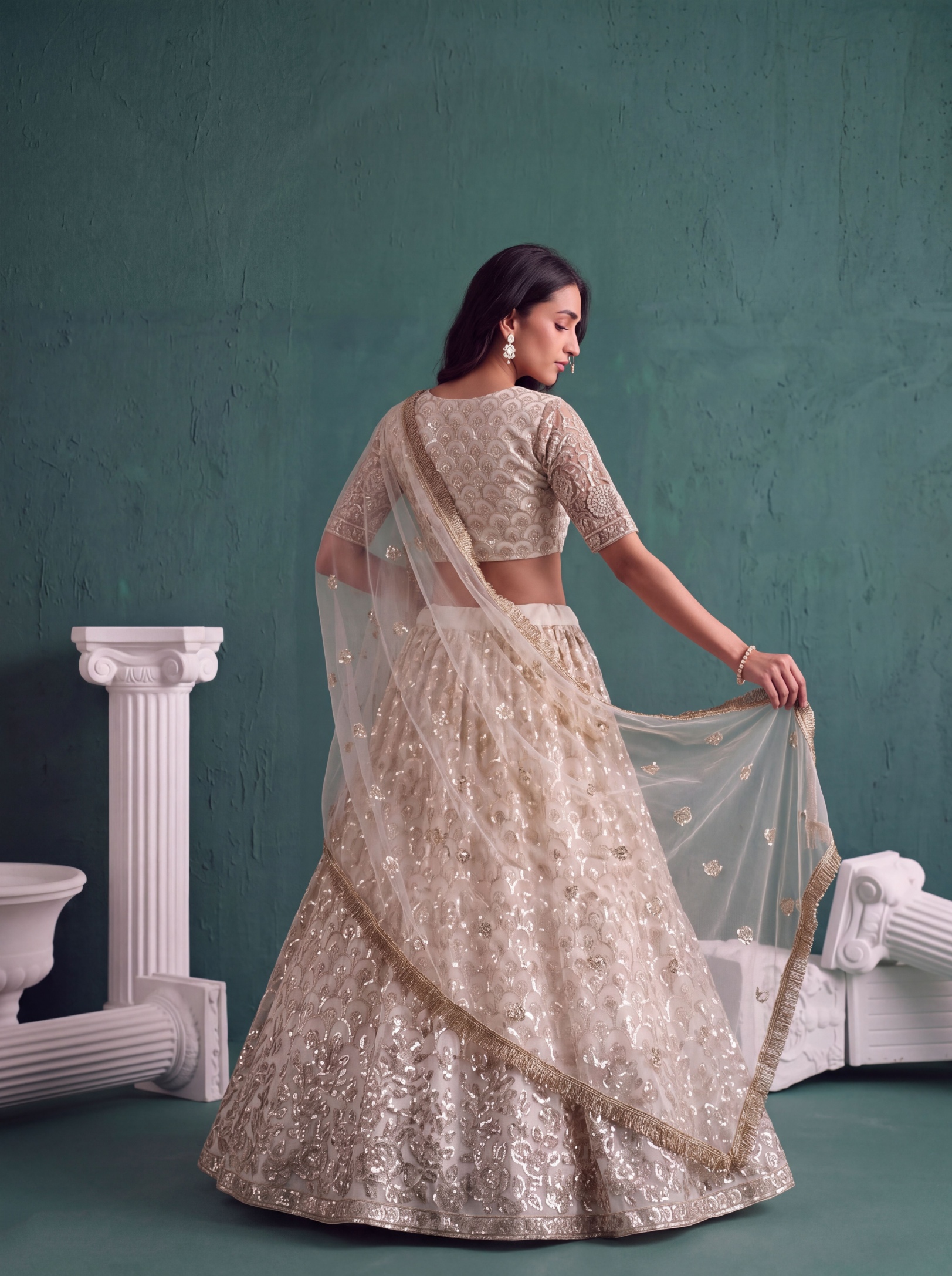 Off White Sequin Butterfly Net Lehenga Choli — alternate view