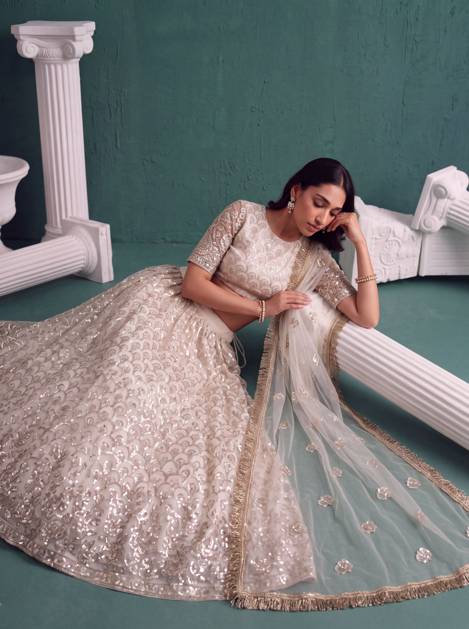 Off White Sequin Butterfly Net Lehenga Choli
