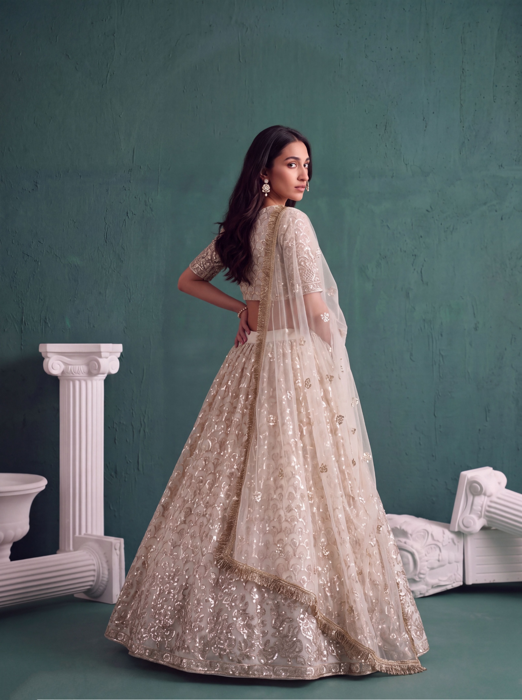 Off White Sequin Butterfly Net Lehenga Choli